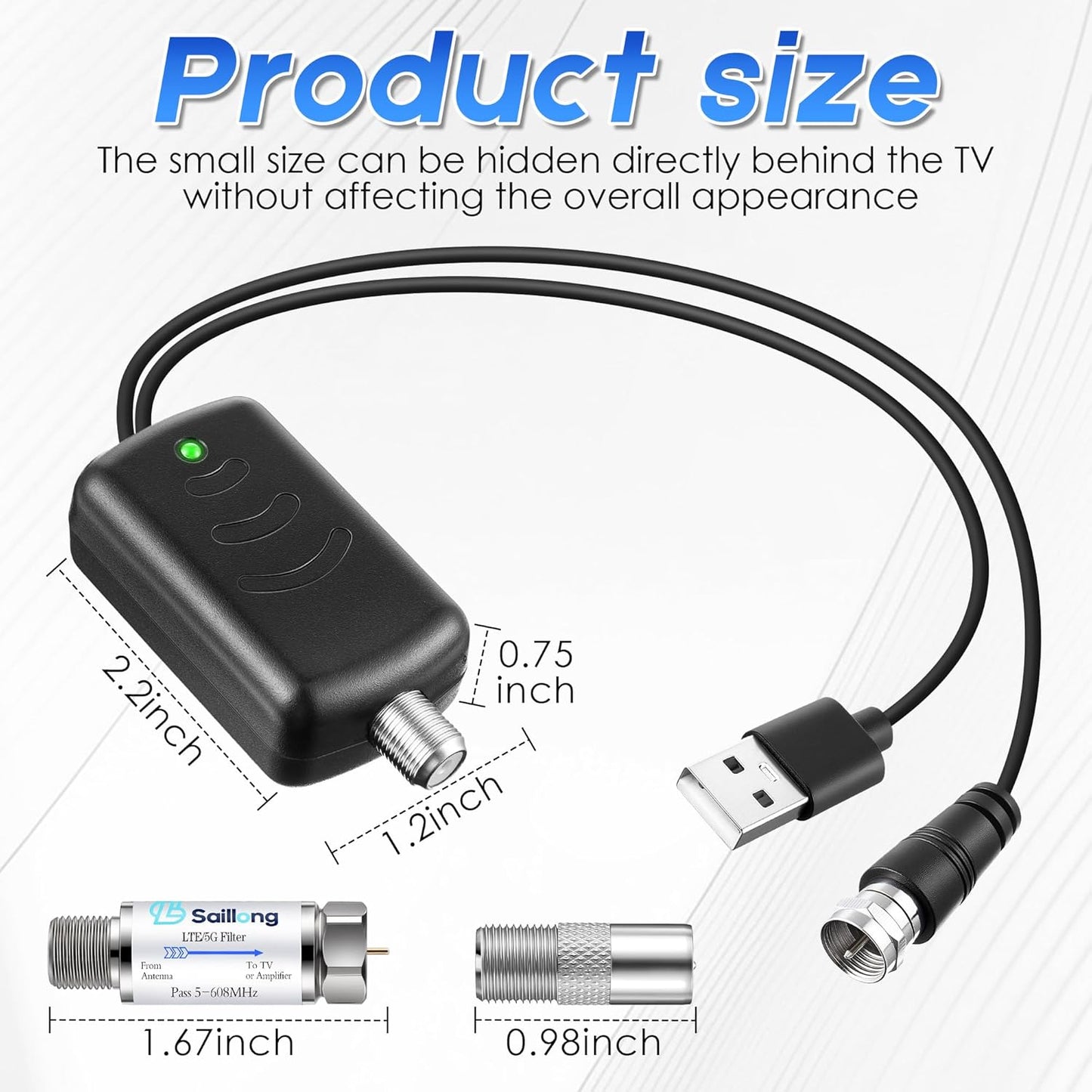 Saillong TV Antenna Amplifier with LTE Filter Kit, Antenna Signal Booster for TV Indoor, Low Noise/Clears Up Pixelated