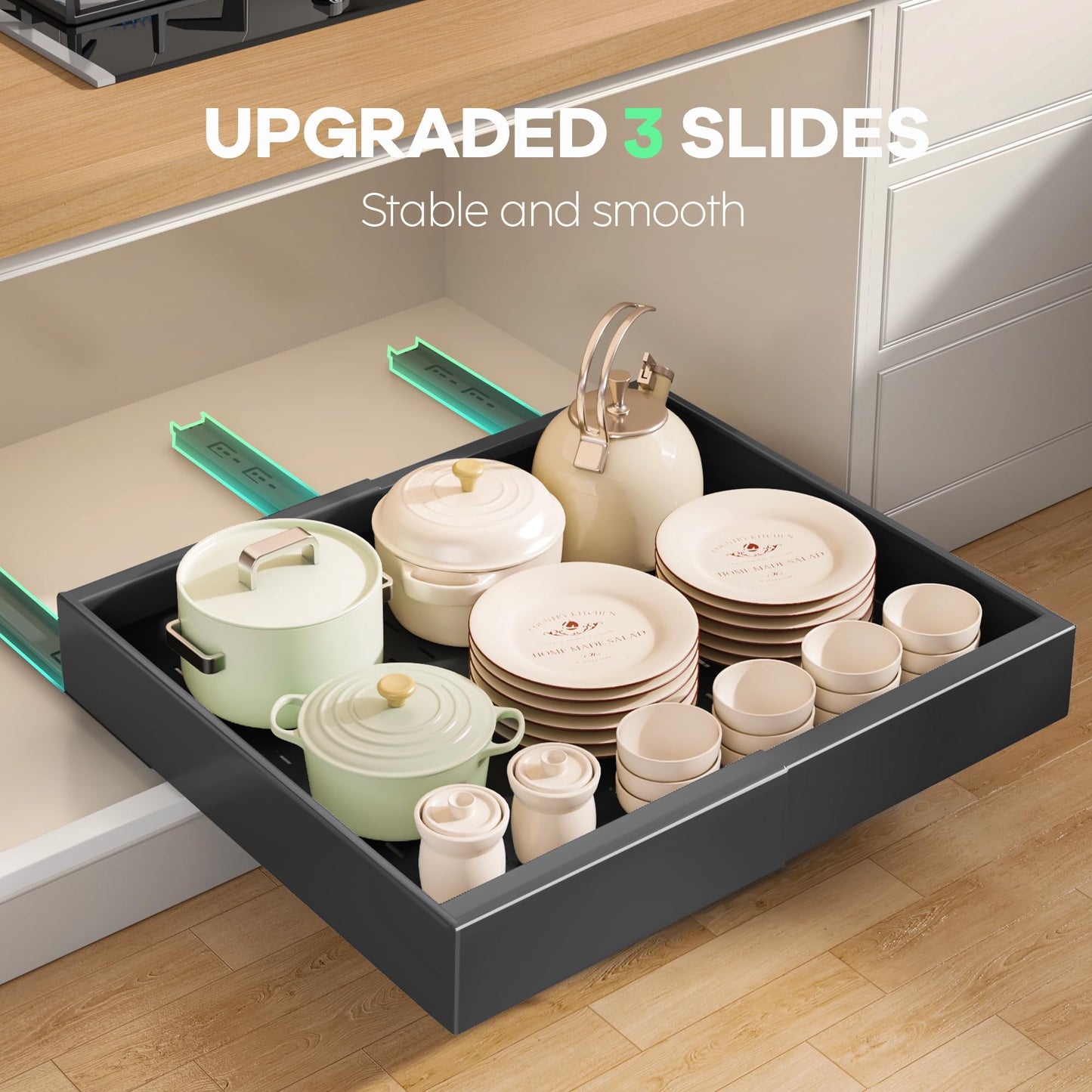 Seinloes 6 Pack Pull out Cabinet Organizer 21"Deep with Raising Pad for Framed Cabinets, Expandable Slide out Drawers for Kitchen Cabinets with 6pcs Divider Racks, Roll out Shelves 12.1"-20.4" W Black