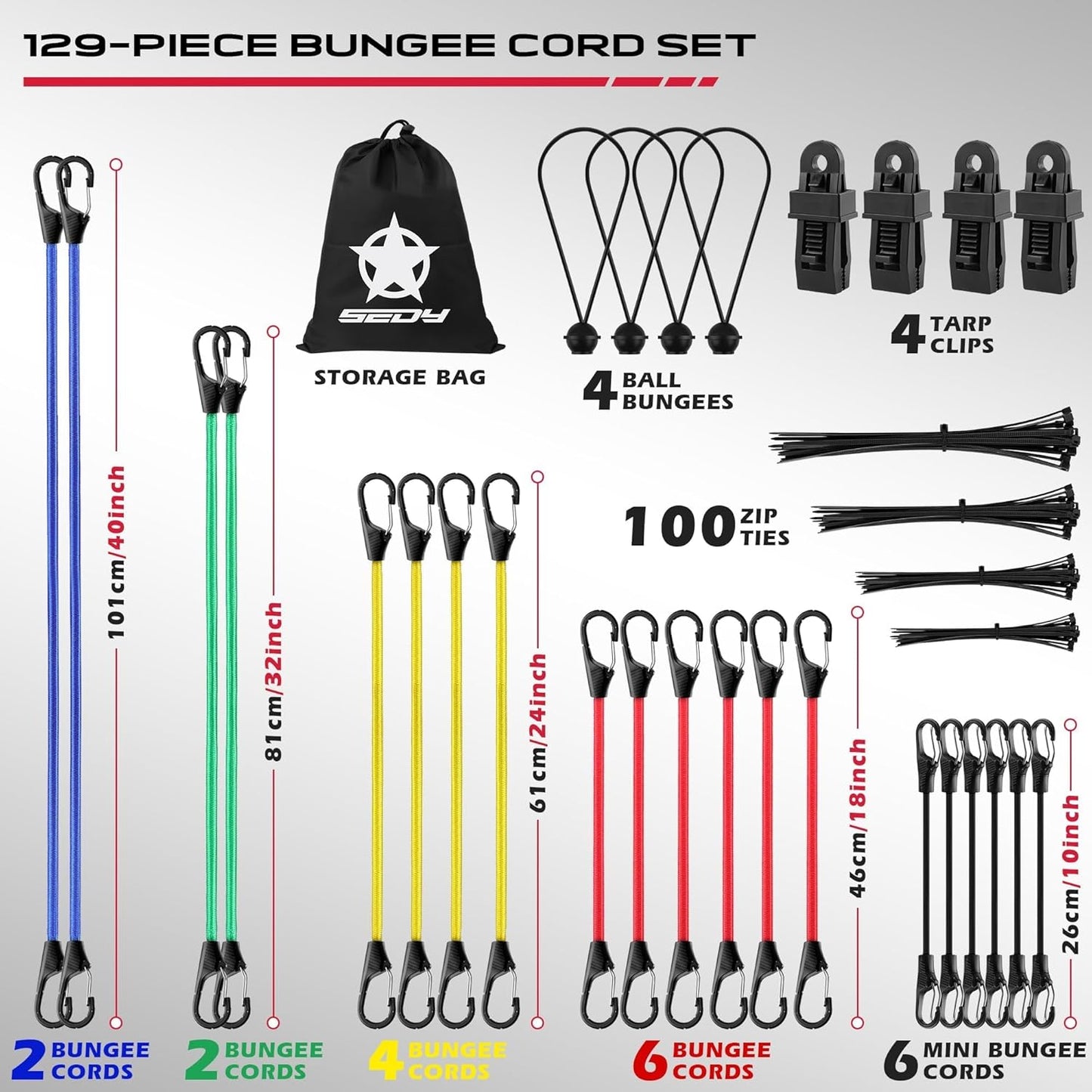 Bungee Buddy Heavy Duty Bungee Cords - 129 PCS Set with Hooks, Clips, and Storage Bag | 18"-40" Lengths