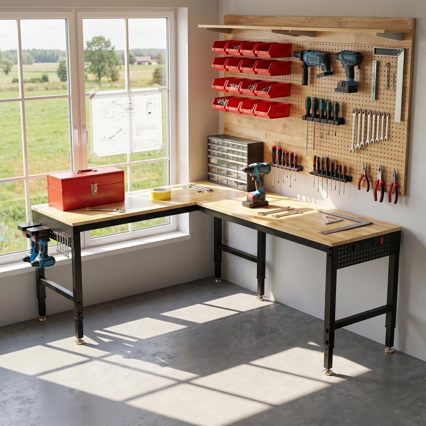 Betterhood 96" 2-in-1 Convertible Adjustable Workbench, L-Shaped & Extended 5000 LBS Heavy Duty Work Table with Power Outlets & Pegboard, Rubber Wood Workstation for Garage, Workshop