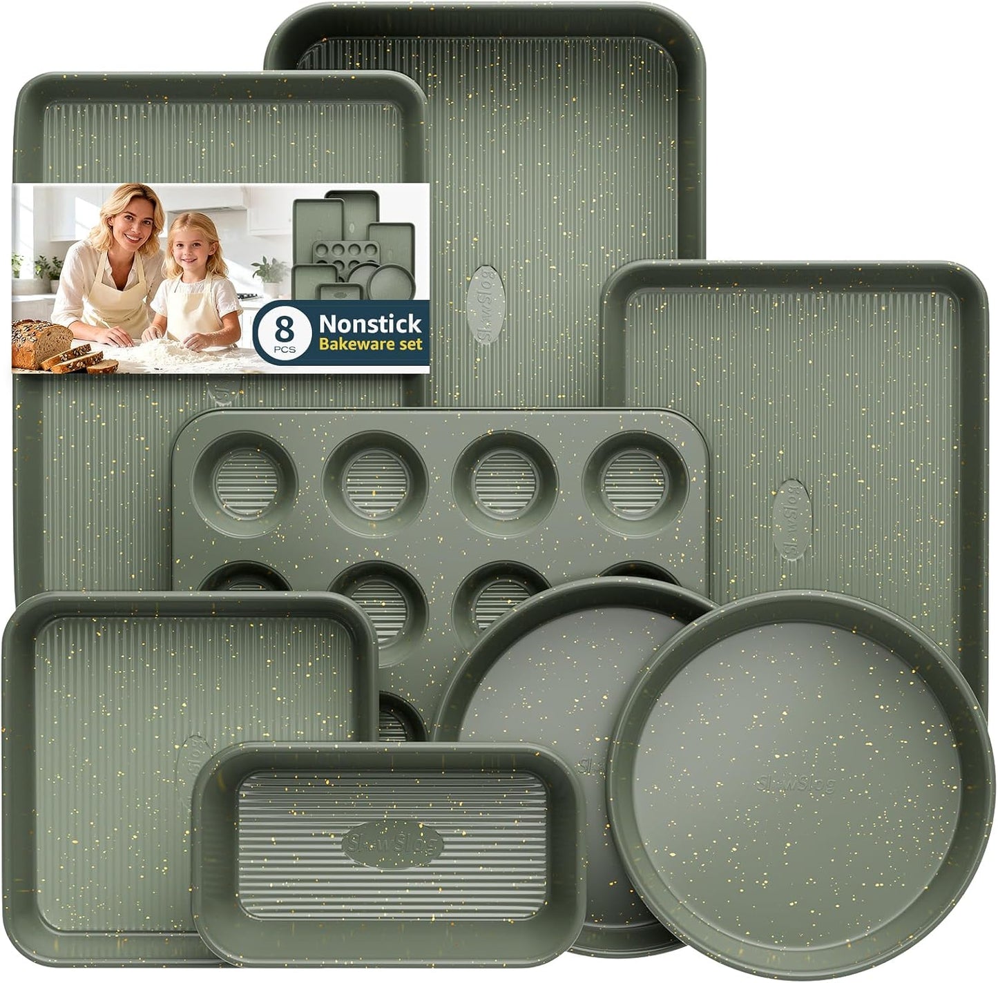 Regine Switzerland 8-Piece Nonstick Bakeware Set - Stackable Oven Pans with Cooling Rack & Ceramic Coating in Green