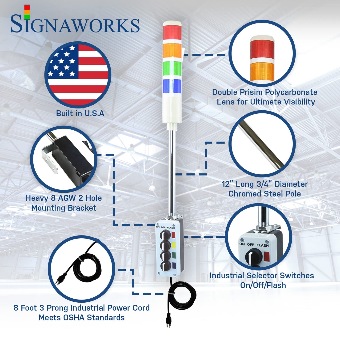 Signaworks 4 Stack Super Bright LED Andon Tower Light, 3 Pos On-Off-Flash, Red/Amber/Green/Blue, 8 ft Industrial Power Cord, Plug & Play Ready, 3 Prong Plug Meets OHSA Standard * Made in USA *
