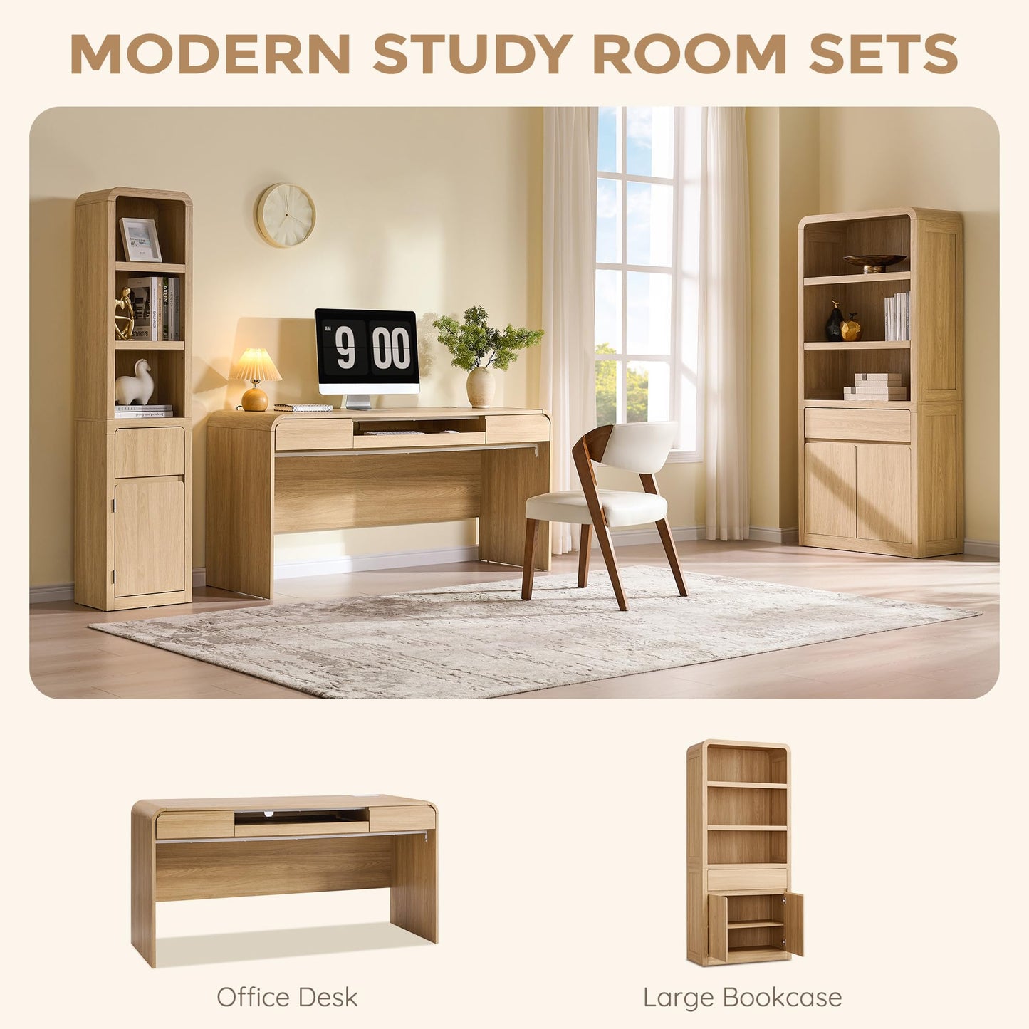ALLTUFO 63" Modern Computer Desk with 2 Drawers, Wood Curved Executive Desk with Keyboard Tray & Power Outlet, Writing Desks with Storage for Home Office, Study Room, Living Room (Natural)