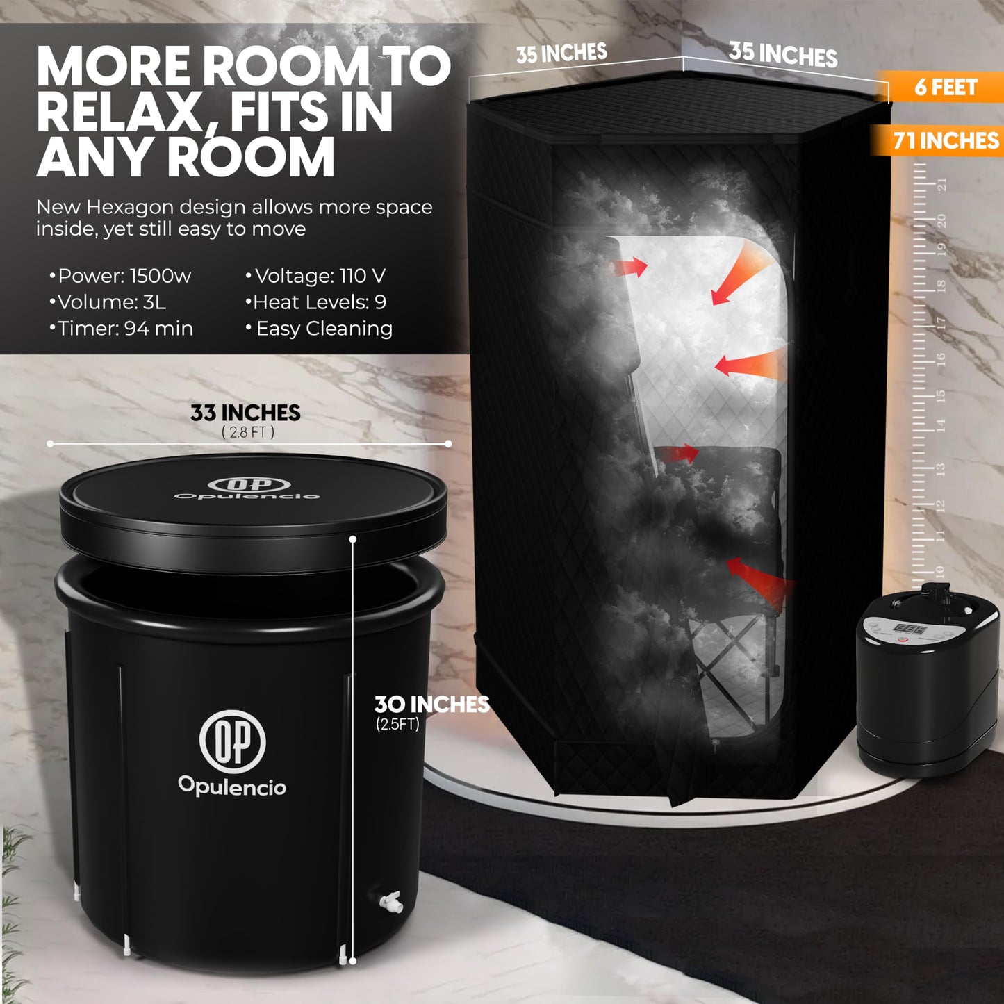 Opulencio Portable Sauna and Cold Plunge Combo - Spacious at Home Sauna Box with Ice Tub, Portable Steam Sauna Tent with 3L Steamer, Fast Heating with 9 Levels, Chair, Remote, 5.9' x 2.9' x 2.9'