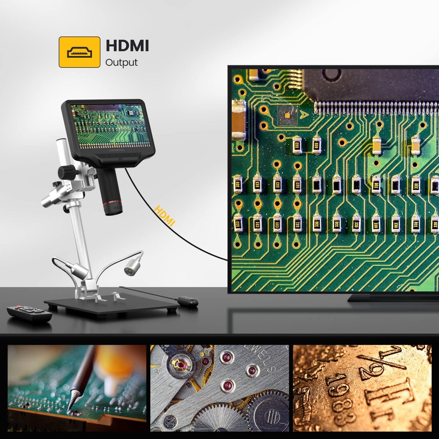 LINKMICRO LM407 Pro HDMI Digital Microscope for Soldering with 13'' Boom Arm Stand, UHD 2160P Video, Electronic Microscope Camera with 7 inch Screen for Adults Repair PCB, 270X, UV Filter
