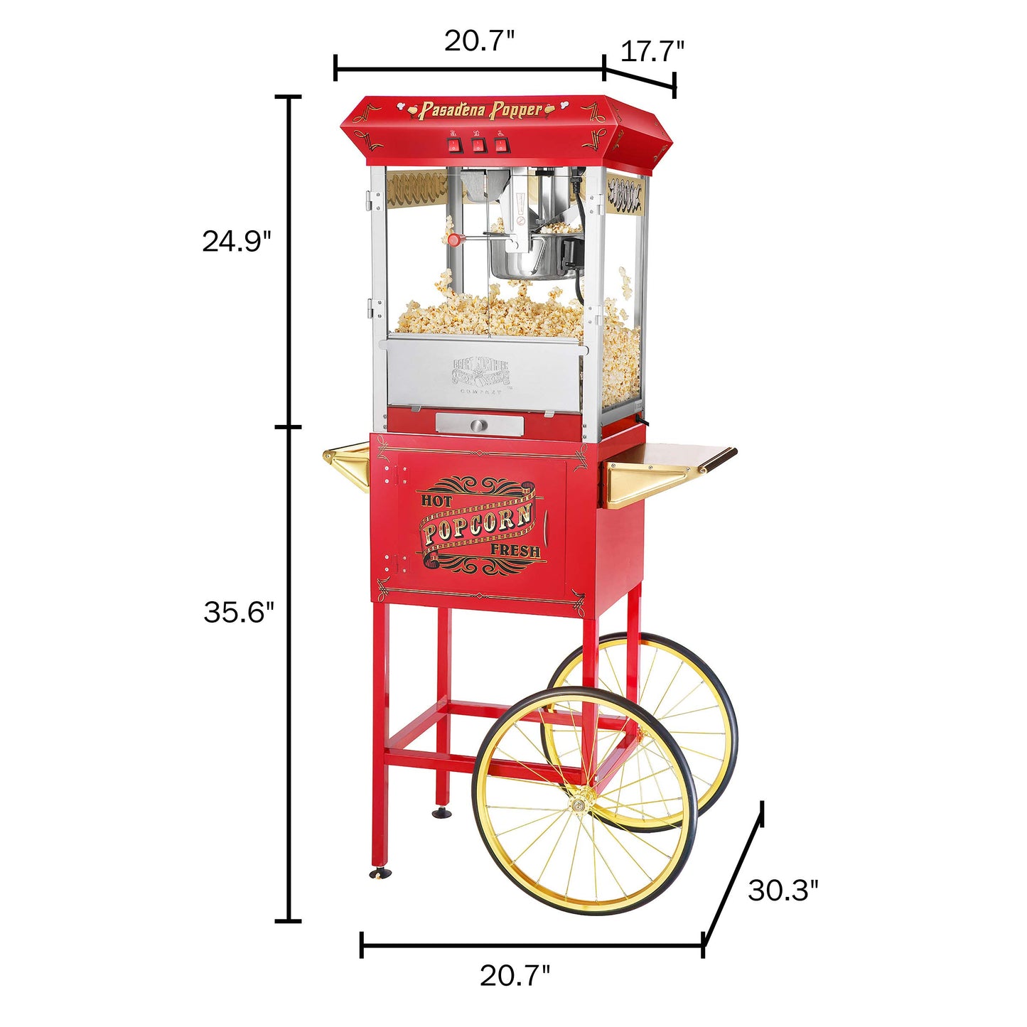 Pasadena Popcorn Machine with Cart- Popper Makes 3 Gallons- 8-Ounce Kettle, Old Maids Drawer, Warming Tray & Scoop by Great Northern Popcorn (Red)