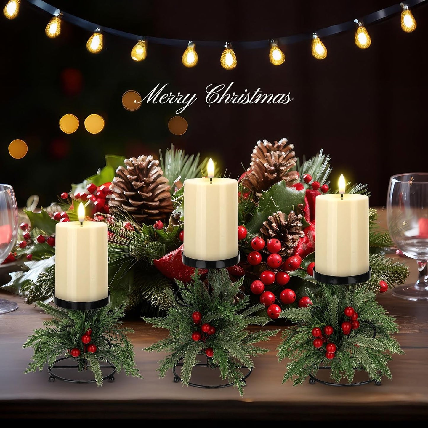 Yunlly Christmas Candle Holder Set - 3 LED Battery Operated Centerpieces | Norfolk Pine Needle Decor
