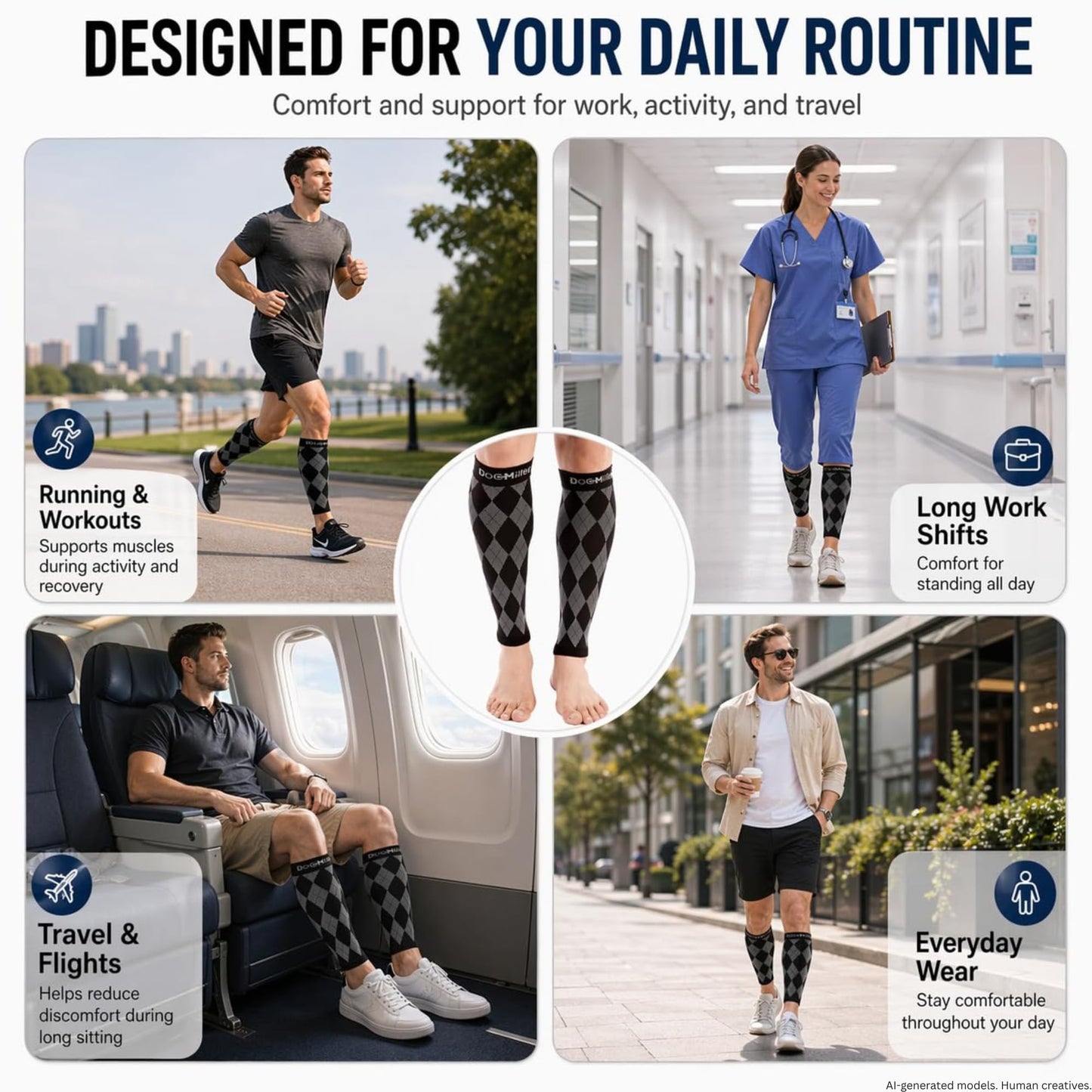 Doc Miller Calf Compression Sleeve 20–30 mmHg – Footless Socks for Circulation, Calf Support, Leg Pain Relief, Shin Splints & Varicose Veins, Men & Women, Running, Nurses, Travel (Argyle, 1 Pair)