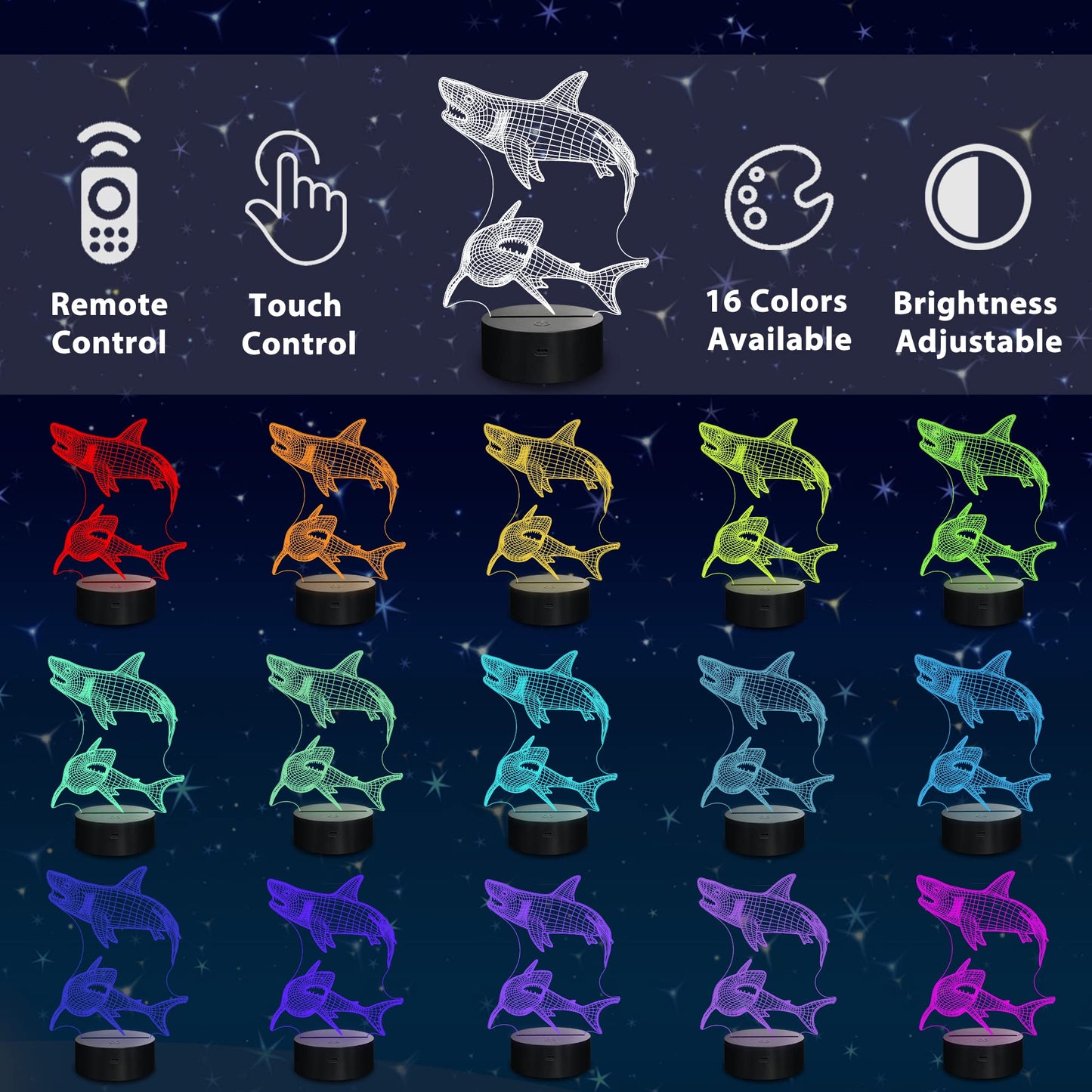 Lampeez 3D Shark Night Light - Multicolored Acrylic Lamp with Remote Control