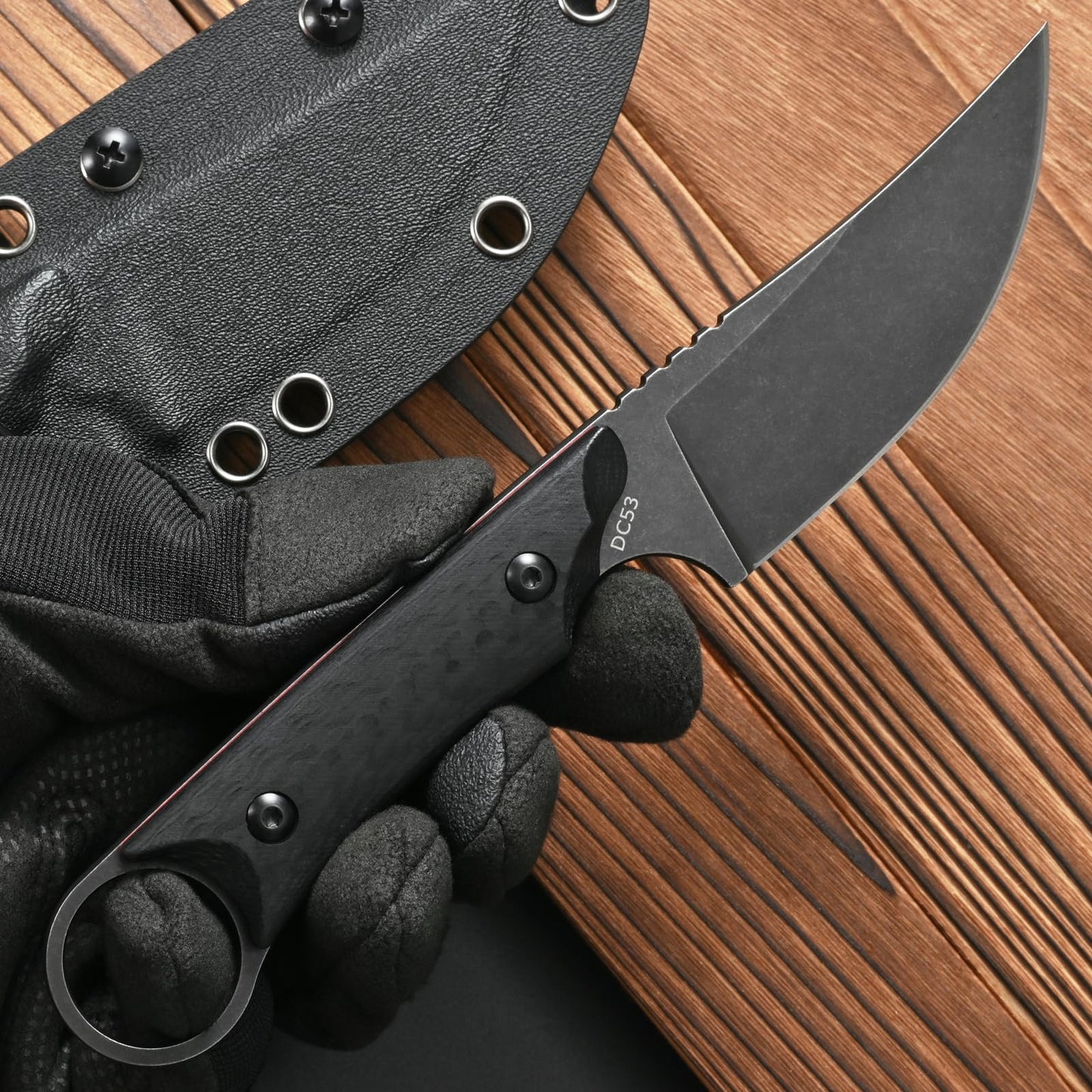 CCFFCC FF105 Fixed Blade Knife，DC53 Black Stonewashed Steel Blade Carbon Fiber Handle Full Tang Knife for Outdoor Camping Hunting Working(Black)