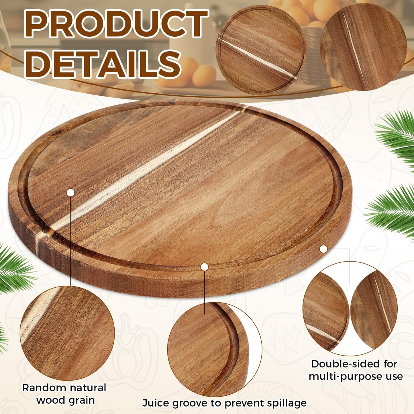 Patelai 10 Pcs Round Wood Cutting Boards Bulk 14 Inch Acacia Wooden Charcuterie Boards 0.6 Inch Thick with Juice Groove Bread Pizza Meat Fruit Cheese Vegetable Chopping Cutting Kitchen Serving Tray