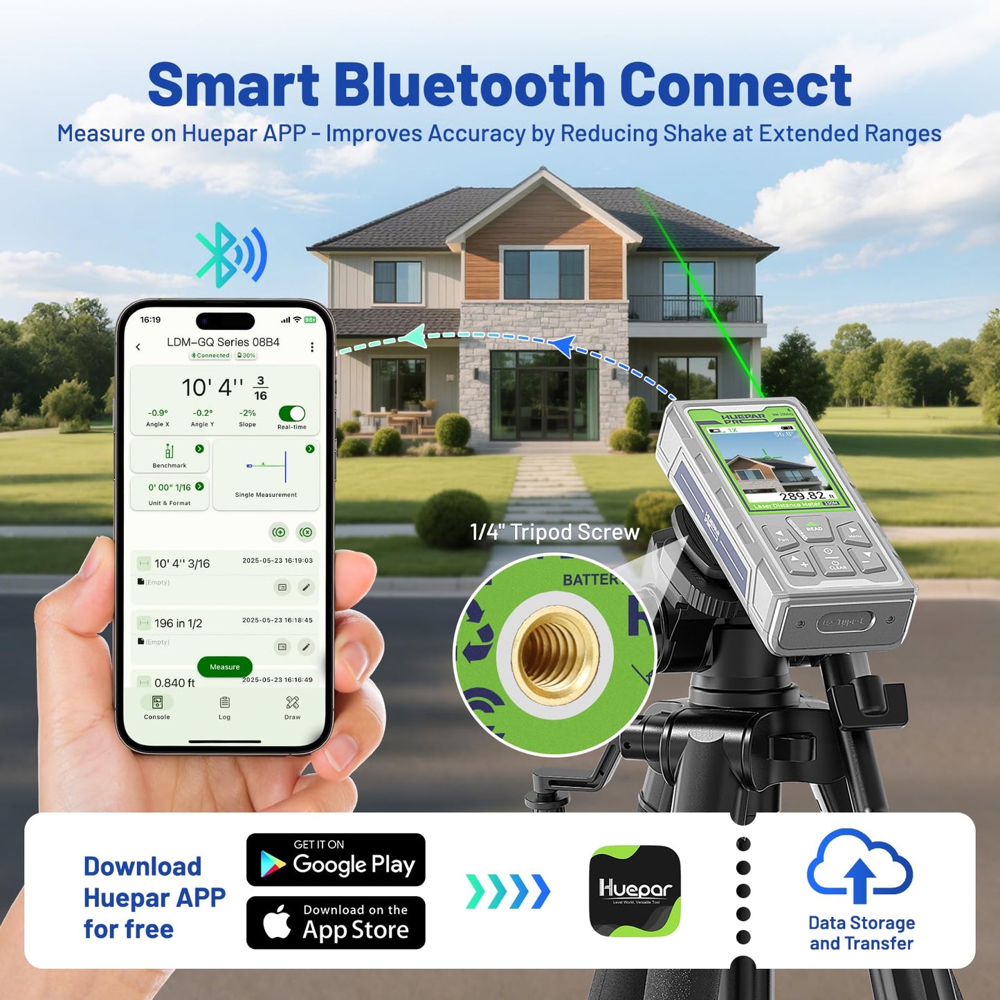 Huepar Pro Laser Measuring Tool, 495Ft Outdoor Laser Measure with Camera&Bluetooth Connected, Green Laser Distance Meter with P2P Technology, Free APP, IP68, Micro USB Cable, Hand Strap&Pouch-SW-150GQ