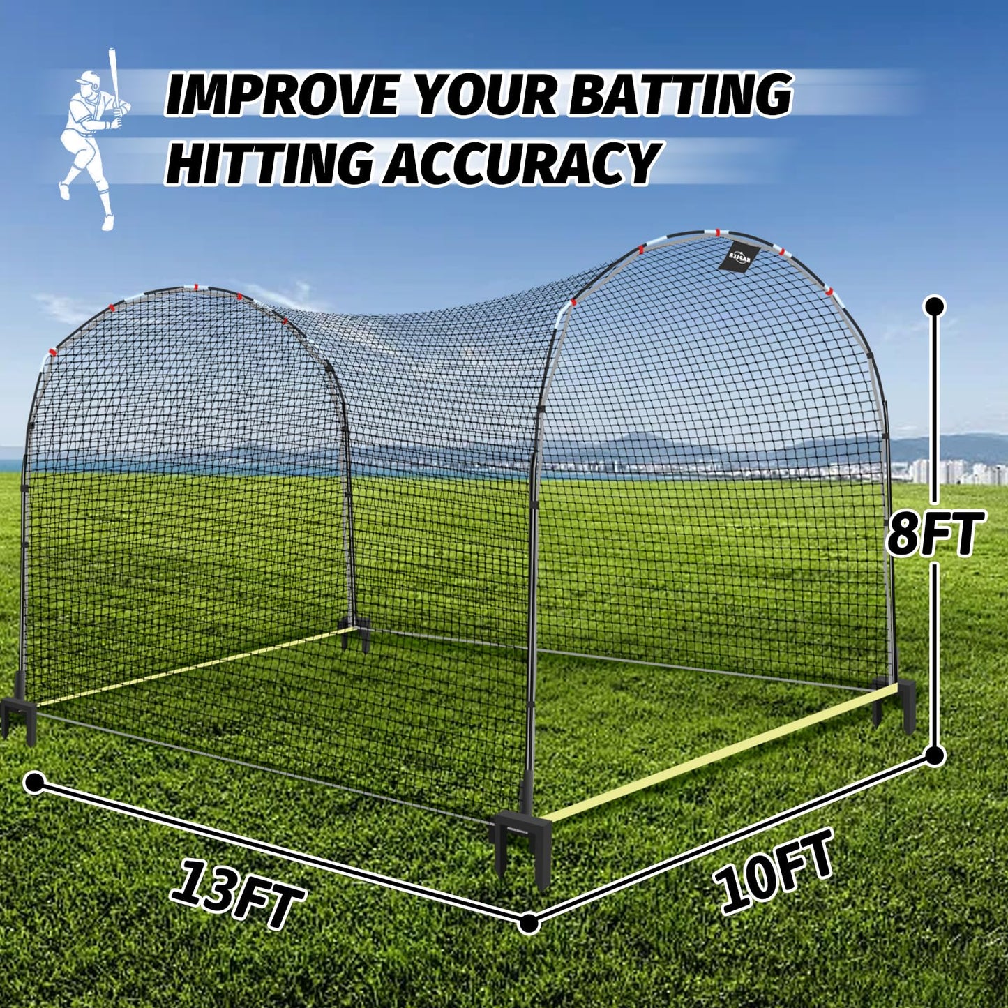 Kapler Baseball Batting Cage Net - 13ft x 10ft x 8ft Secure Steel Frame and Heavy Duty 4 Ground Stakes - Solo or Team Training for Backyard Field Outdoor Indoor Use