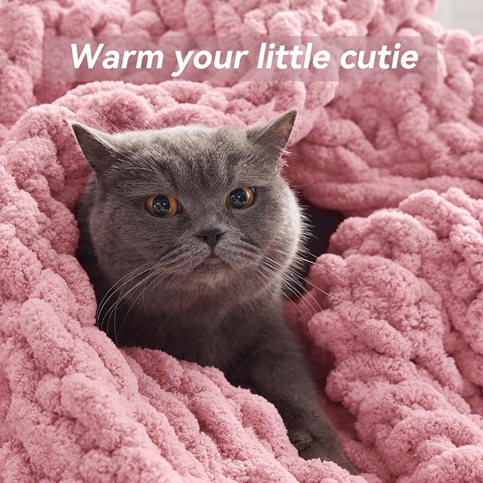 Negwoo Chunky Knit Throw Blanket, 80''*90'' Knitted Throw Chenille Yarn for Bed Couch, Handmade Light PinkCrochet Big Thick Blanket, Machine Washable Cute Comfy Blanket for Home Decor