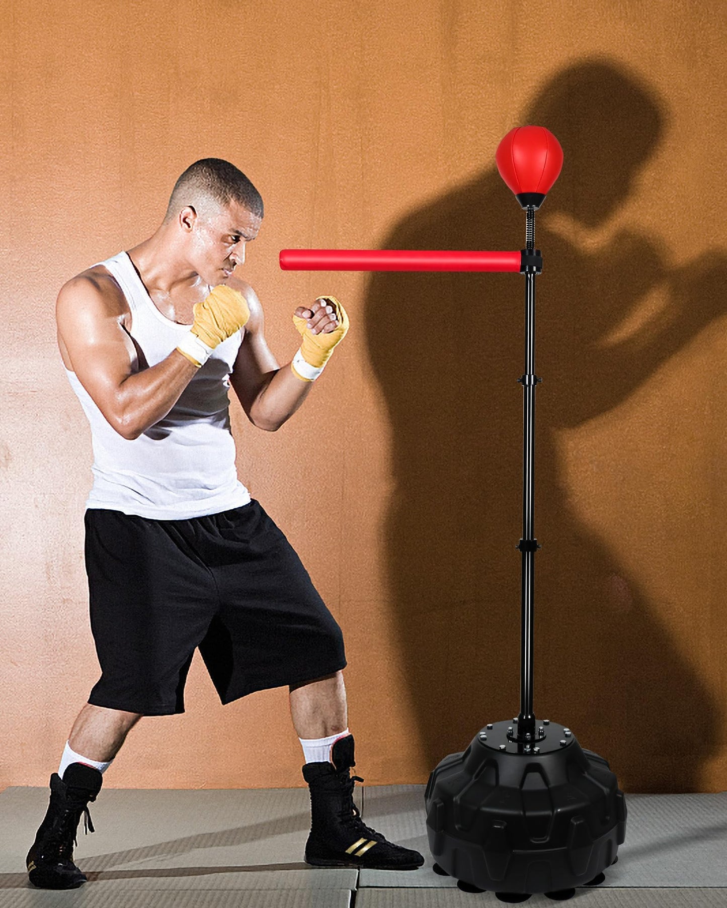 Reflex Ball & 360°Rotating Rod Boxing Bar Training Kit - Punching Bag Spinning Bar, Free Standing Design Adjustable Height for Adults（Red