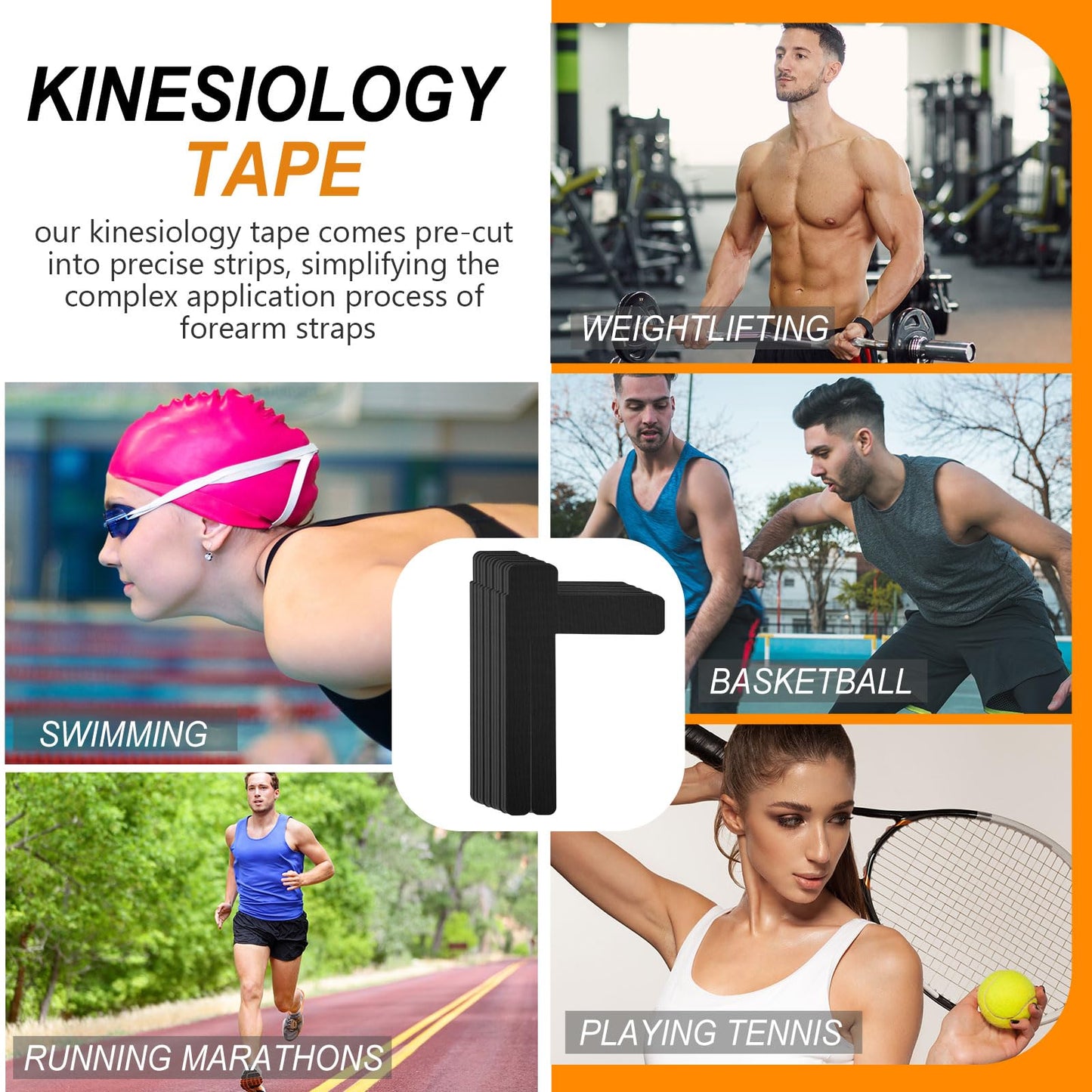 FairySandy 12 Pcs Precut Kinesiology Tape for Pain Relief Waterproof Breathable Kinesiology Athletic Tape Enhance Elastic Pre Cut Strips for Sports Joints Muscle Support (Forearm,Black)