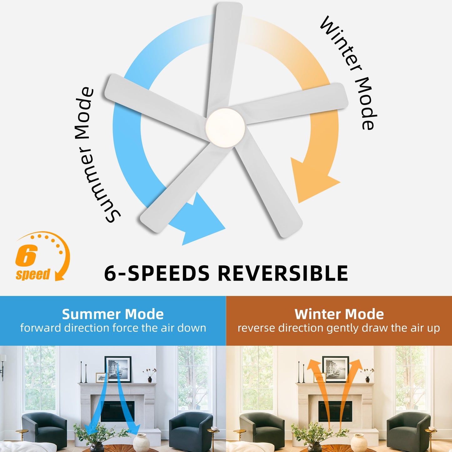 WINGBO 48 Inch DC Ceiling Fan with Lights and Remote Control, 5 Carved Solid Wood Blades, 6-Speed Noiseless Reversible DC Motor, Indoor Ceiling Fan in Gloss White Finish with White Blades