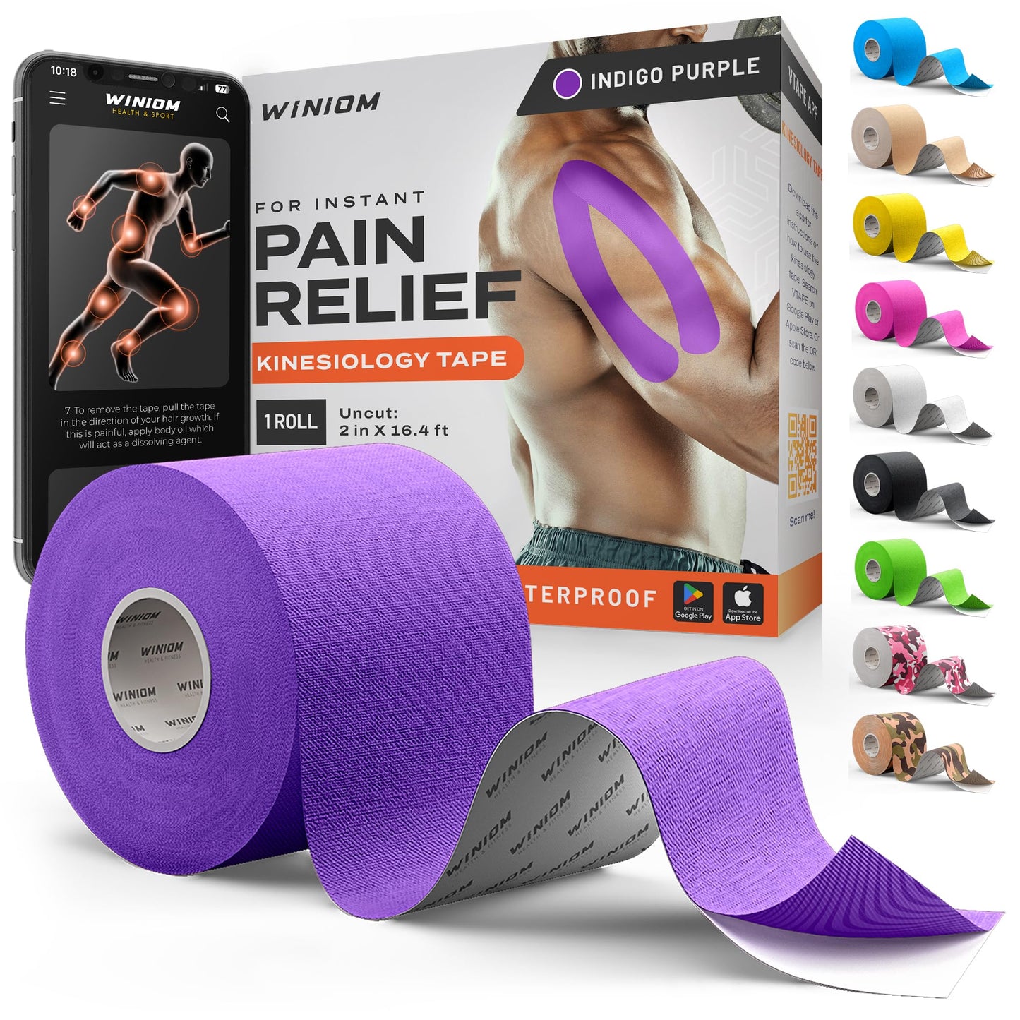 WINIOM Kinesiology Tape - Waterproof Athletic Sports Tape for Knee, Shoulder, Arm & Back Support | 3-5 Day Adhesion, Hypoallergenic & Latex-Free + Taping Guide (Uncut, 2" x16.4ft Roll, Indigo Purple)
