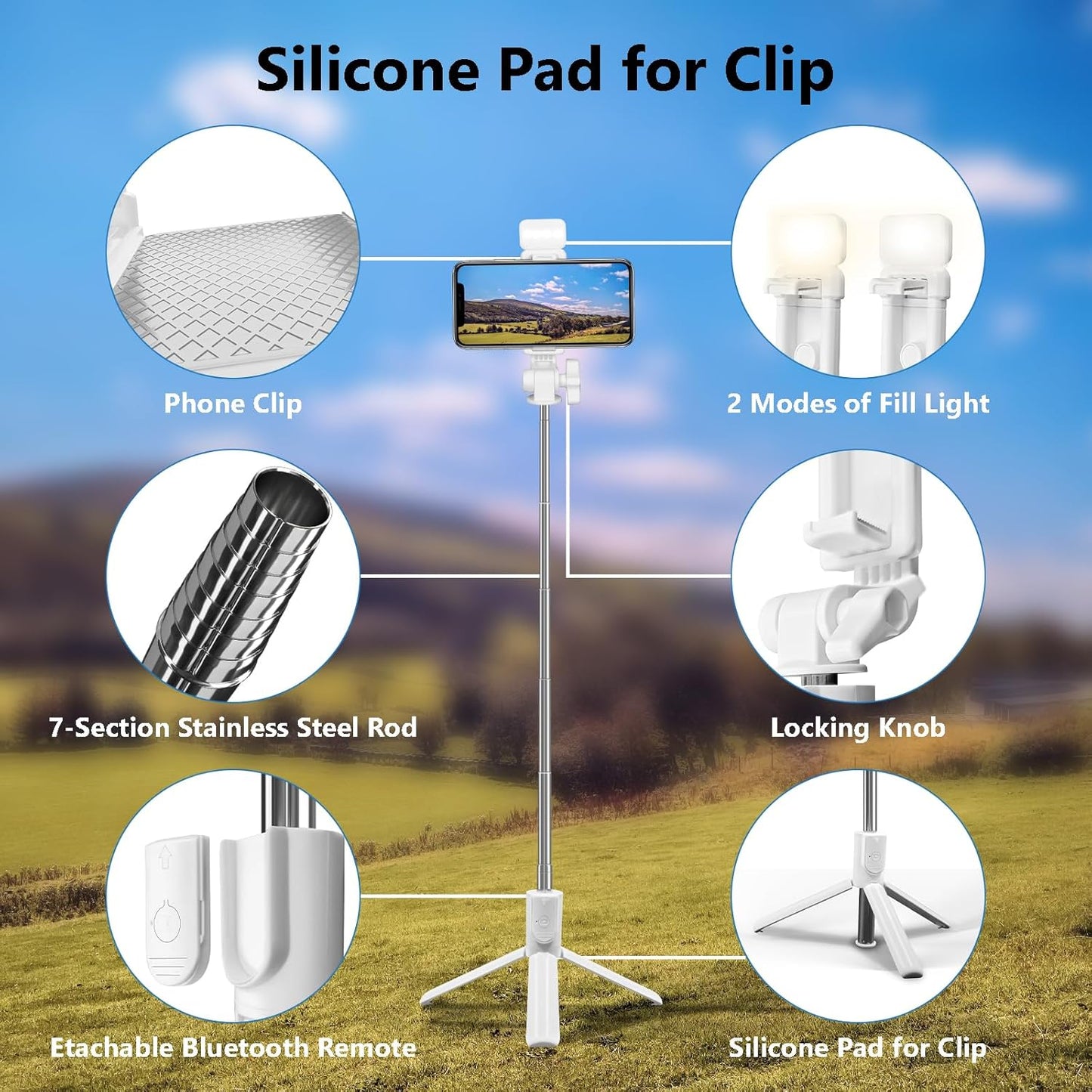 Bollove 40 Selfie Stick Tripod, in Retractable Tripod for iPhone with Wireless Remote Control & Light, Portable Phone