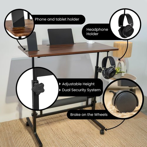 Model 2026 Adjustable Height Rolling Desk With Wheels Portable Compact Laptop Table Mobile Workstation For Study Office Small Space Standing Desk Ergonomic Writing Surface Modern Home Furniture Brown