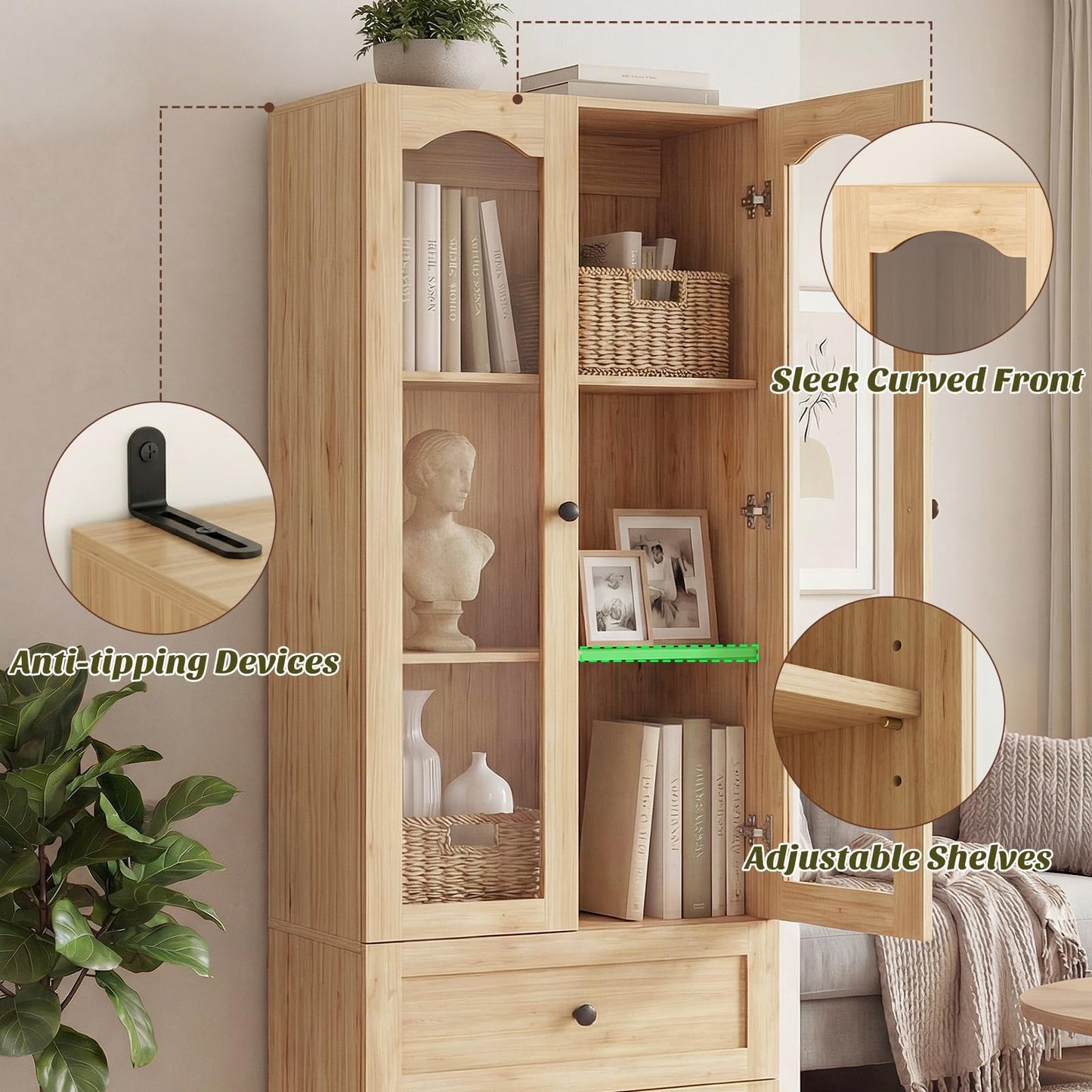 Cyclysio 80" Tall Storage Cabinet with Glass Doors, Drawers & Seamless Baseboard Fit Design - 2 Set Natural Oak Storage Cabinets with Adjustable Shelf for Office, Bathroom, Living Room, Kitchen