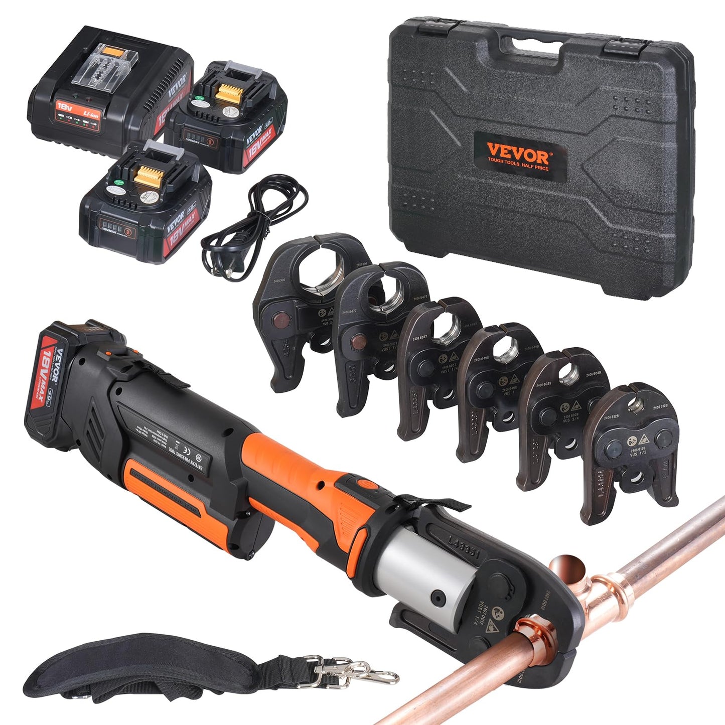 VEVOR Press Tool, 18V Electric Pipe Crimping Tool for 1/2”, 3/4”, 1”, 1 1/4", 1 1/2", 2" Copper Pipes, 32KN Press Tool Kit Compatible with ProPress - with Brushless Motor, 6 VUS Jaws, 2pcs 4AH Battery