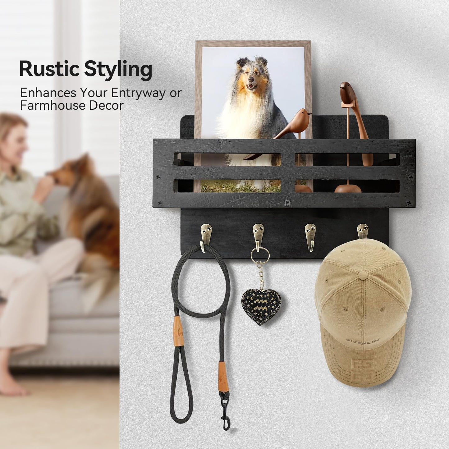 KISENG Key Holder Wall Mount, 10 inch Decorative Key and Mail Holder for Wall, with Mail Organizer & 4 Key Hooks, Rustic Wooden Key Rack for Hanging Dog Leash Sunglasses, Entryway Key Hanger, Black