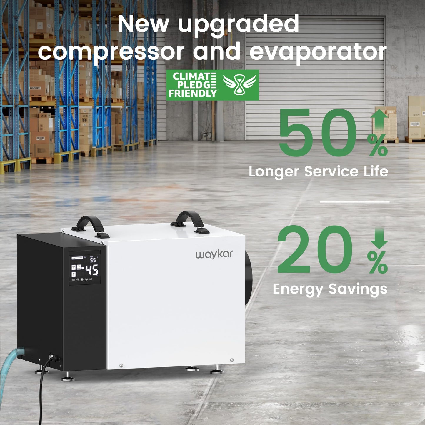 Waykar 125 Pint Crawl Space Dehumidifier with Drain Hose for Basements, Commercial & Water Damage Spaces up to 6500 Sq. Ft., Compact, Strong Dehumidification, 5-Year Quality Coverage
