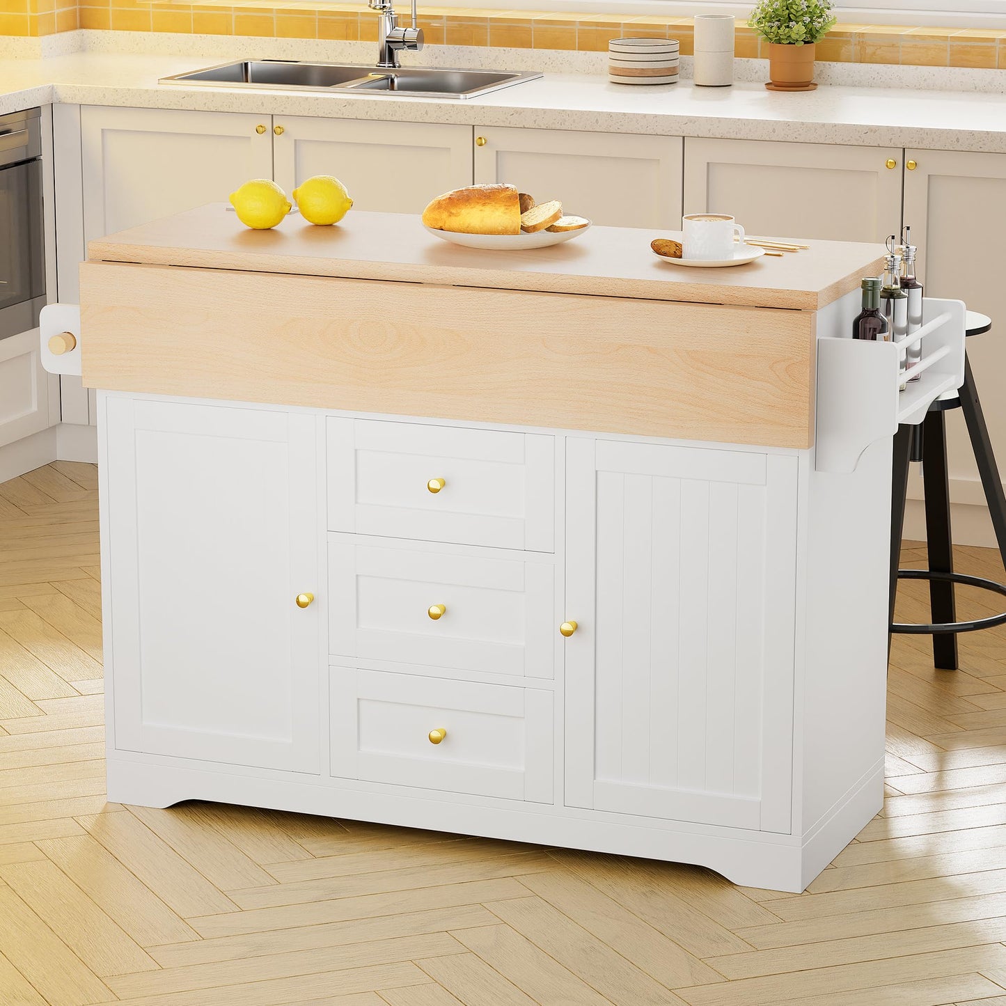 PVWIIK Large Kitchen Island,48 * 18 * 37 Rolling Kitchen Cart on 5 Wheels,Folding Storage Dining Table with 2 Drop Leaf,Spice & Towel Rack & 3 Drawers,Power Outletfor Kitchen, Dining Room,White