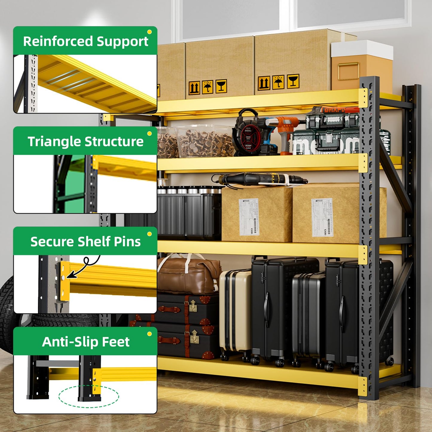 Qxdyt 3000LBS Heavy Duty Storage Shelves,78''H Metal Garage Shelving, 4-Tier Adjustable Garage Organization Shelving Units, Industrial Shelving for Warehouse,Workshop- Black & Yellow