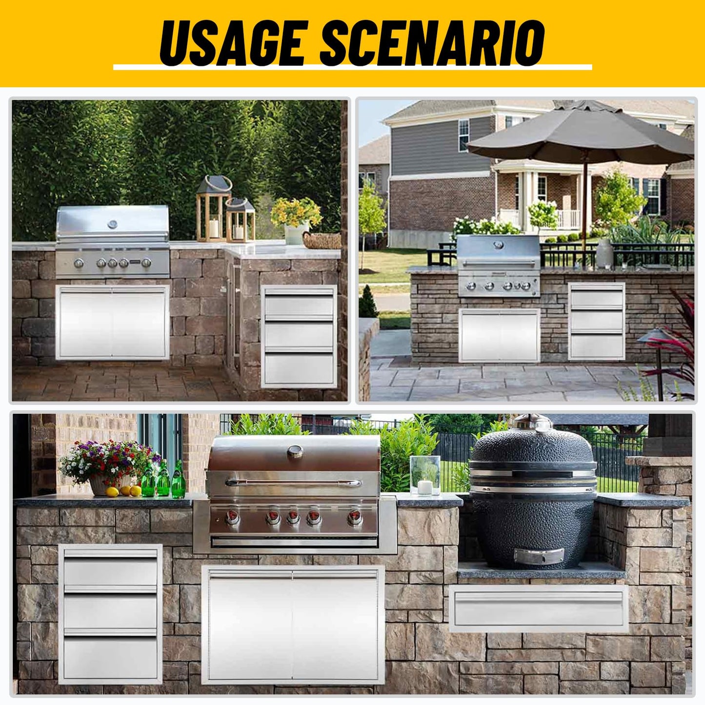 Outdoor Kitchen Drawers 14" W x 21" H x 23" D Triple BBQ Drawers Stainless Steel Built-in Drawer for Patio Grill Station or Outdoor Kitchen Island