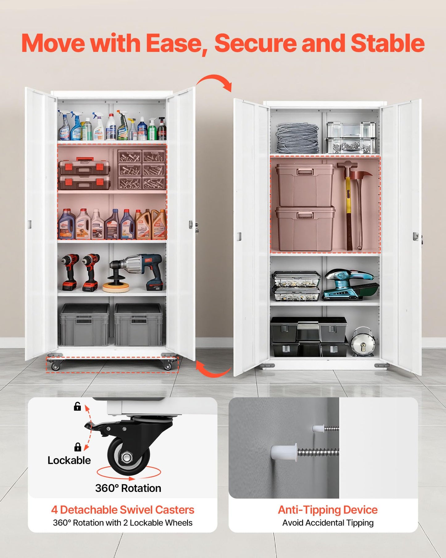 VEVOR Metal Storage Cabinet, 72.6 in Rolling Steel Garage Cabinet with 4 Adjustable Shelves, 2 Magnetic Doors & 2 Keys, 5 Tiers Lockable Tool Storage for Pantry, Warehouse, Basement, Office, White