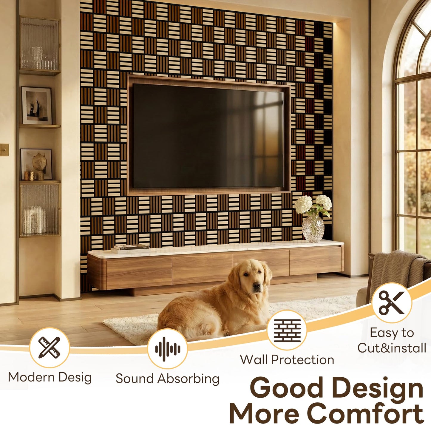 8 Pack Wood Slat Acoustic Wall Panels, Soundproof Wood Panels for Wall and ceiling, 3D Wall Panles with Slat Design for Bedroom, Living Room, Office, TV Background(13.8 × 27.4)