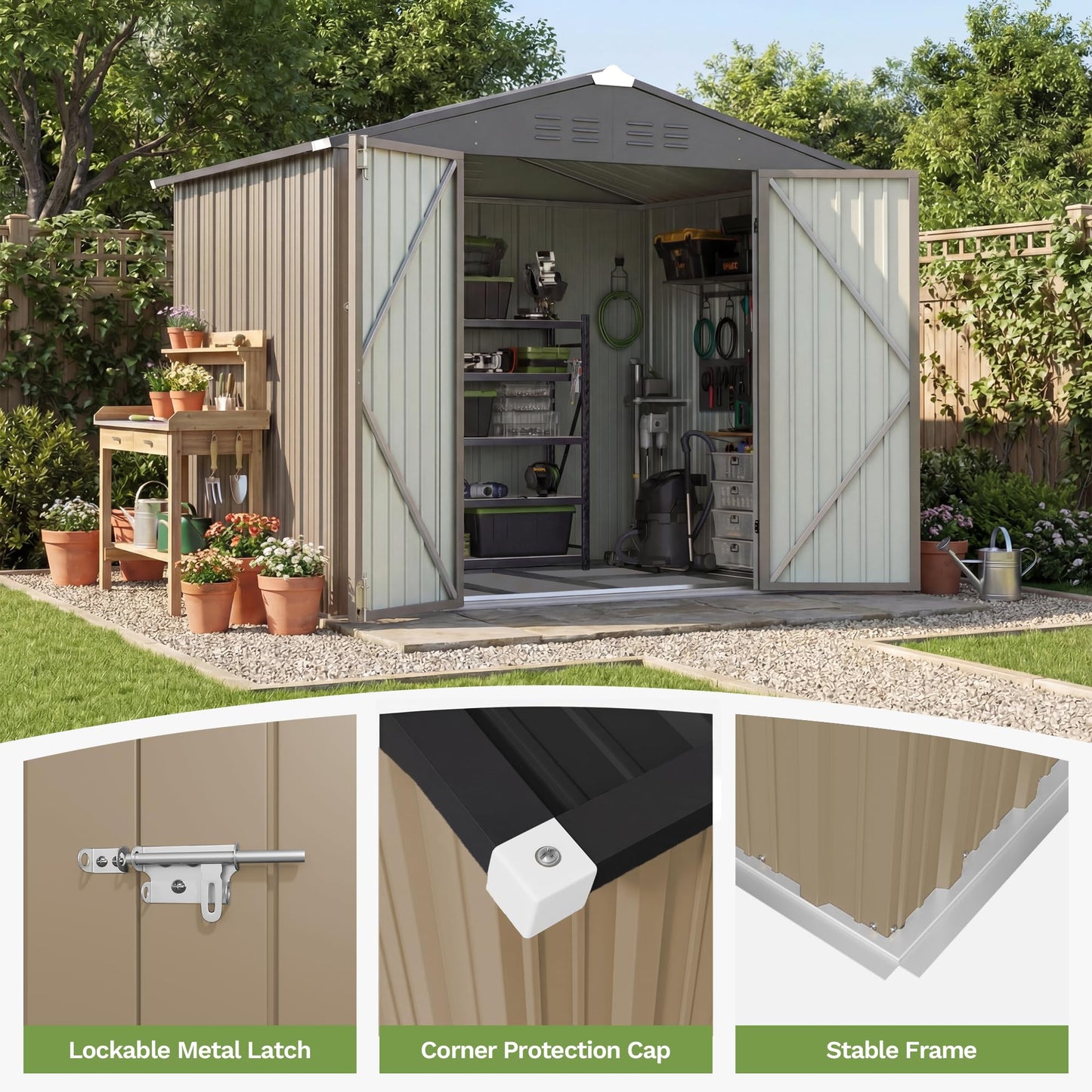 Patiowell 8x6 FT Outdoor Storage Shed with Floor Frame, Metal Garden Patio Sheds with Sloping Roof and Lockable Door, Waterproof Steel Tool Shed for Backyard Garden Lawn, Brown