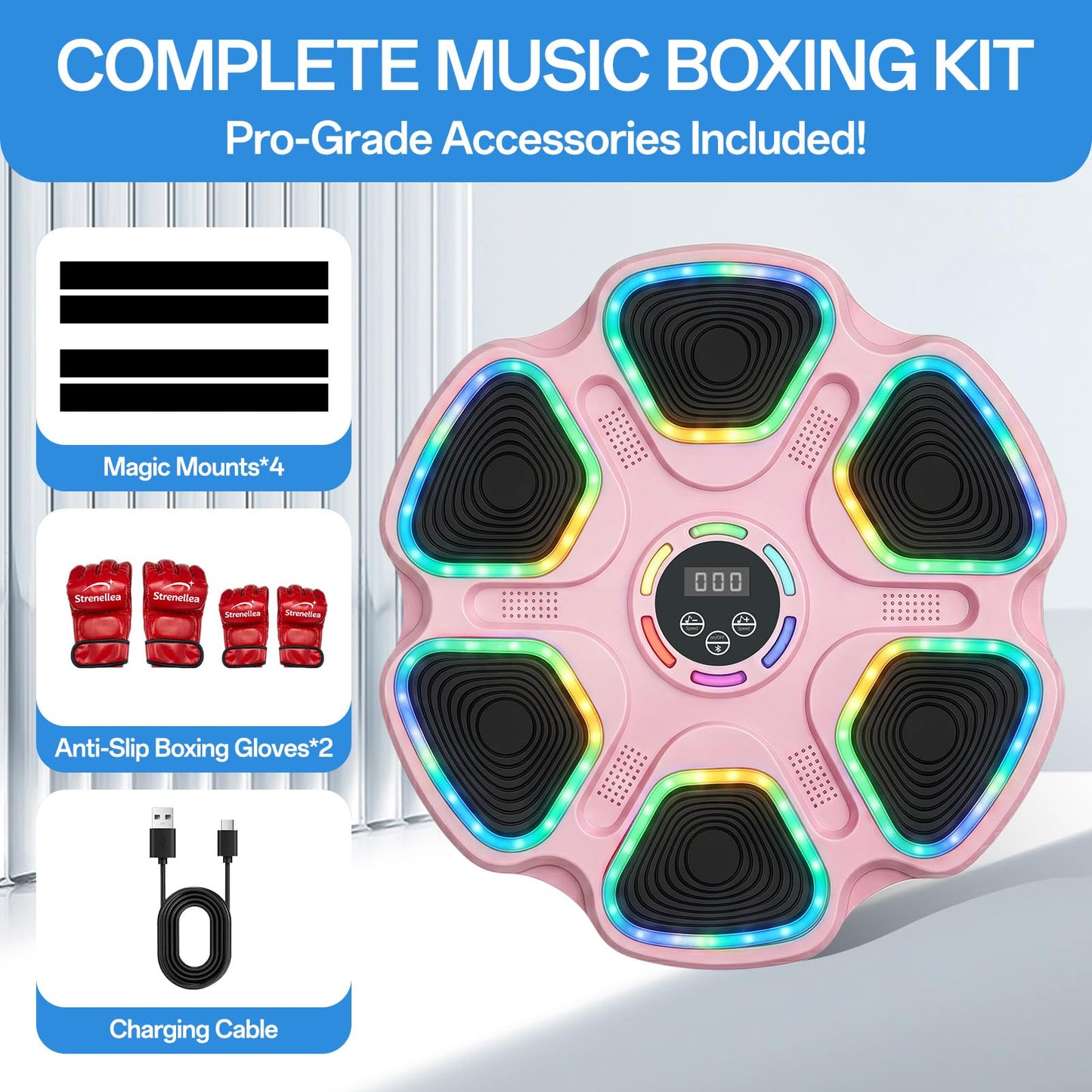 Music Boxing Machine for Adults & Kids, Interactive Music Punching Machine with 2 Gloves, Large Size Wall Mounted Electronic Boxing Target with 11 Modes & 9 Speeds for Home, Office and Gym (Pink)
