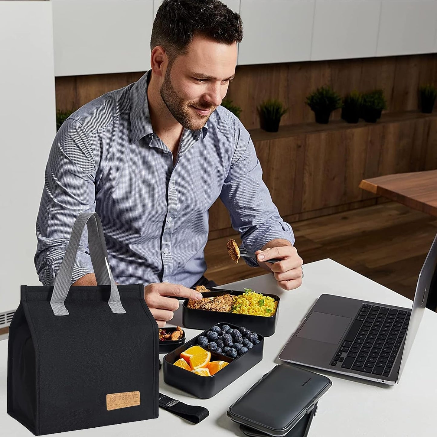 Skiennix Waterproof Lunch Bag - Reusable Portable Tote for Work, Travel & Picnics | Light Black