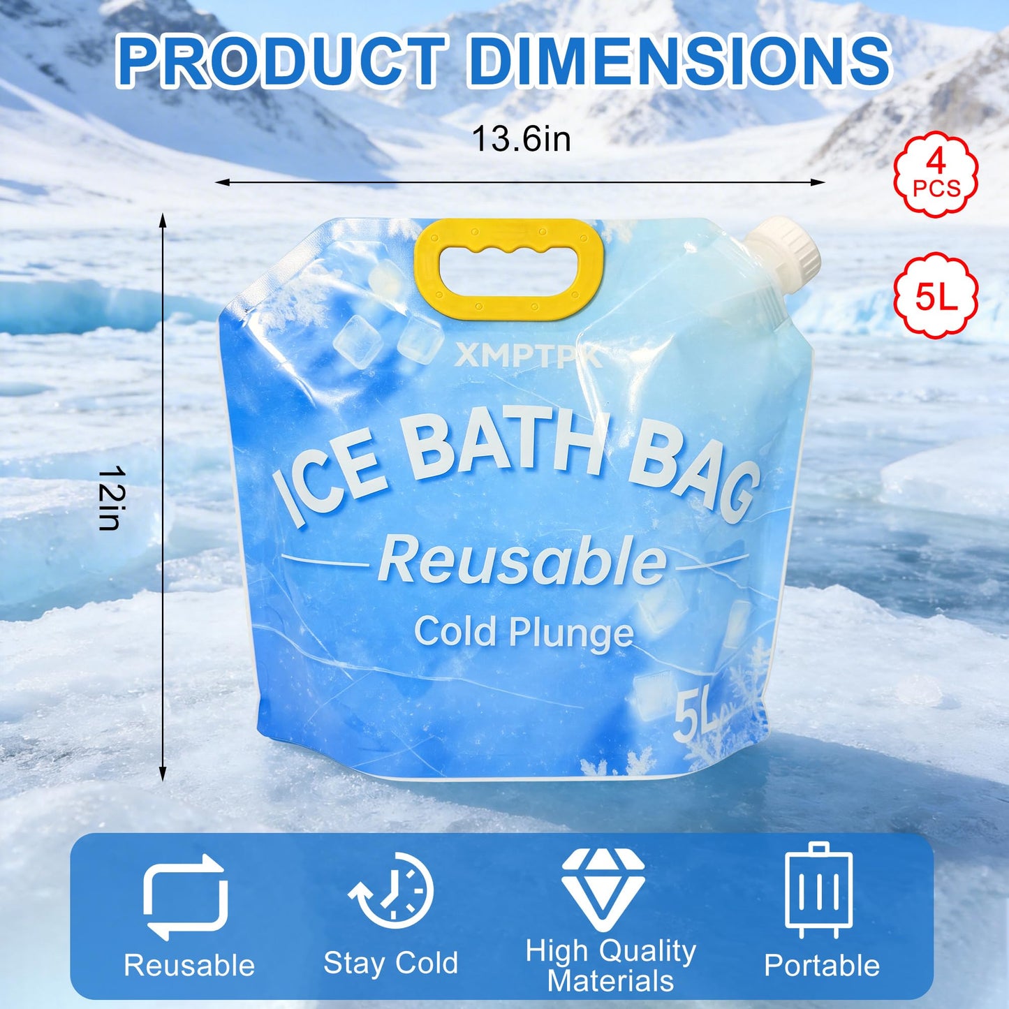 XMPTPK 4 Pack Ice Bath Bags, Reusable Cold Plunge Tub Accessories, Portable Bathtub Freezer Water Bags with Handle for Home Outdoor Bathtub Bucket(5L)