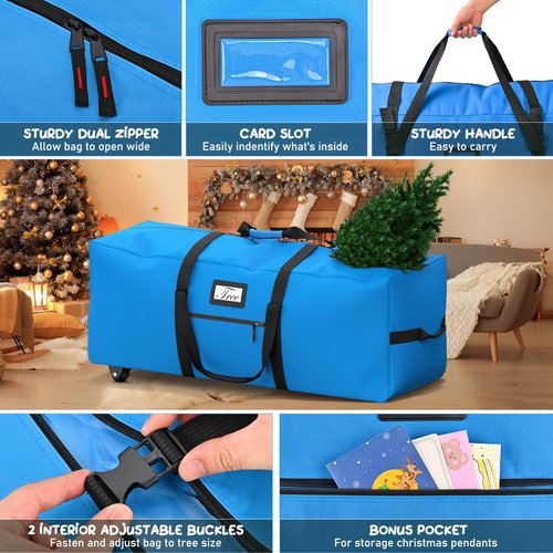 Mrrihand Christmas Tree Storage Bag, Large Artificial Anti-Tear Heavy-Duty 600D Oxford Cloth Xmax Christmas Tree Storage Box with Rolling Wheels, Christmas Tree Storage Container (Bright Blue, 9Ft)