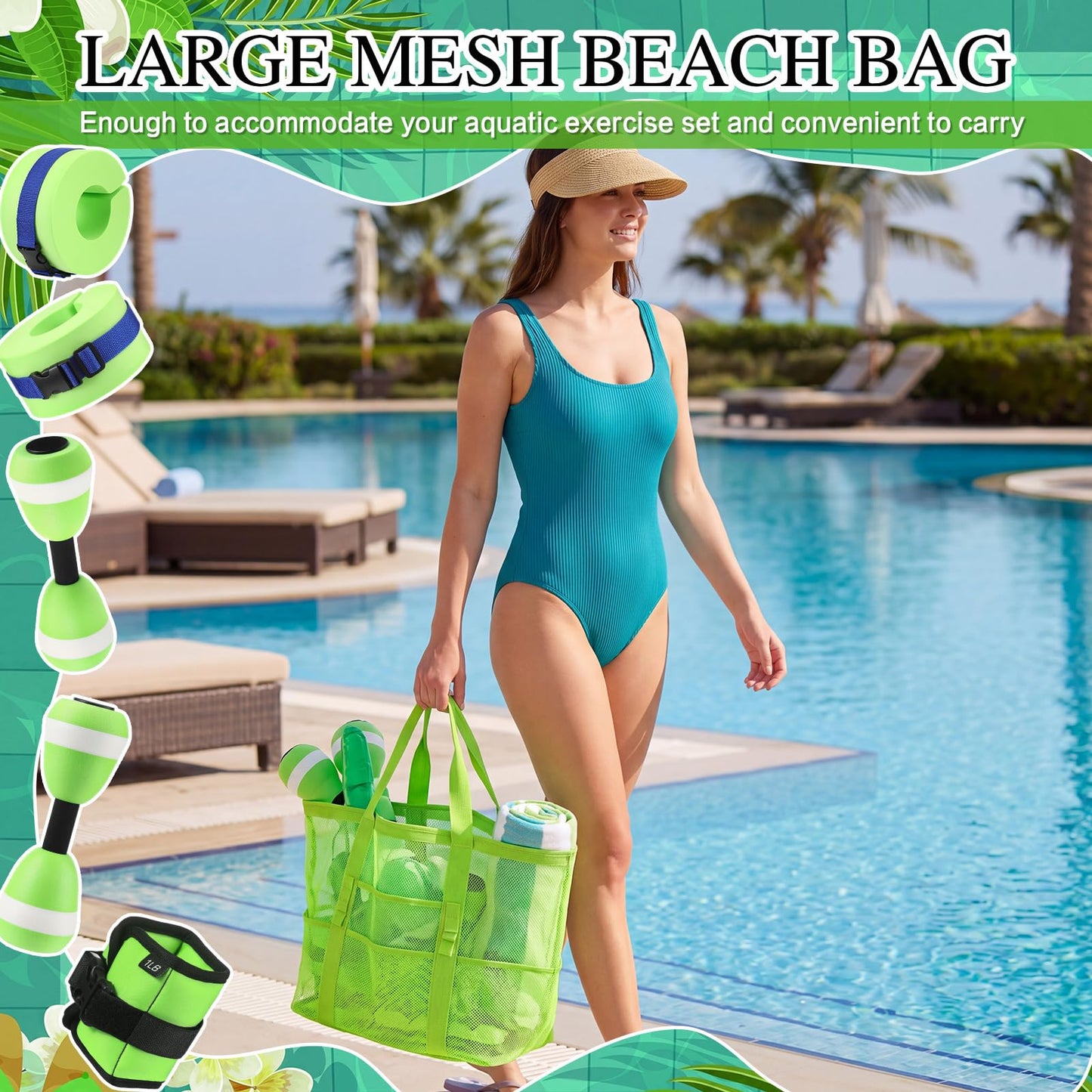 Teyva Daily 7 Pcs Aquatic Exercise Set Water Aerobics Set Including 2 Ankle/Wrist Weights for Land or Water 2 Exercise Foam Dumbbells Cuffs Large Mesh Beach Bag for Pool Weight Loss (Green)