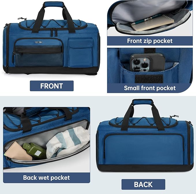 Gym Bag for Women & Men, Sports Travel Duffle Bag with Shoe Compartment, Anti-Theft Carry On Weekender Bag, Water Resistant Overnight Backpack for Airplane, Gym, Travel (Blue Black)