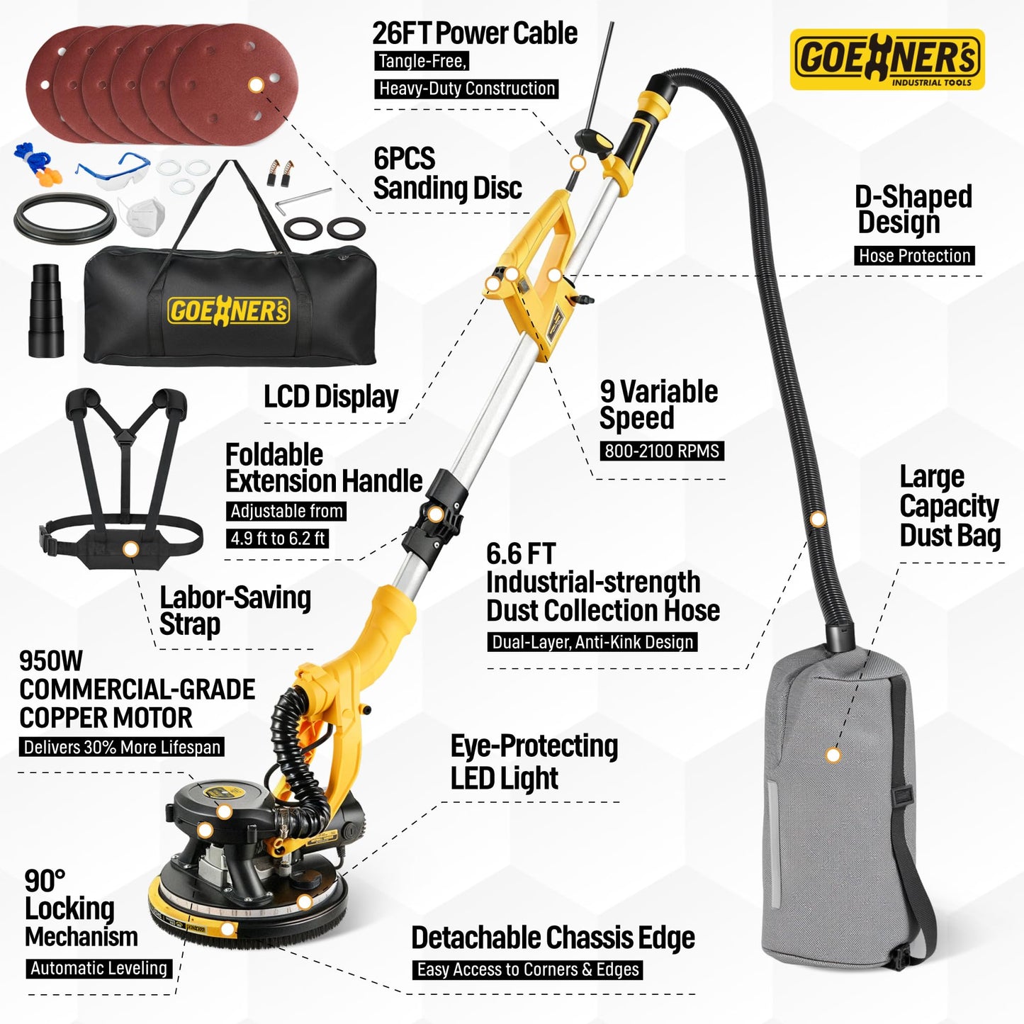 Drywall Sander, 950W 8.5A Electric Drywall Sander with Vacuum Dust Collector, 9 Variable Speed 800-2100RPM, 26FT Power Cord, Wall Sander for Popcorn Ceiling, Pole Sander for Drywall (Yellow)