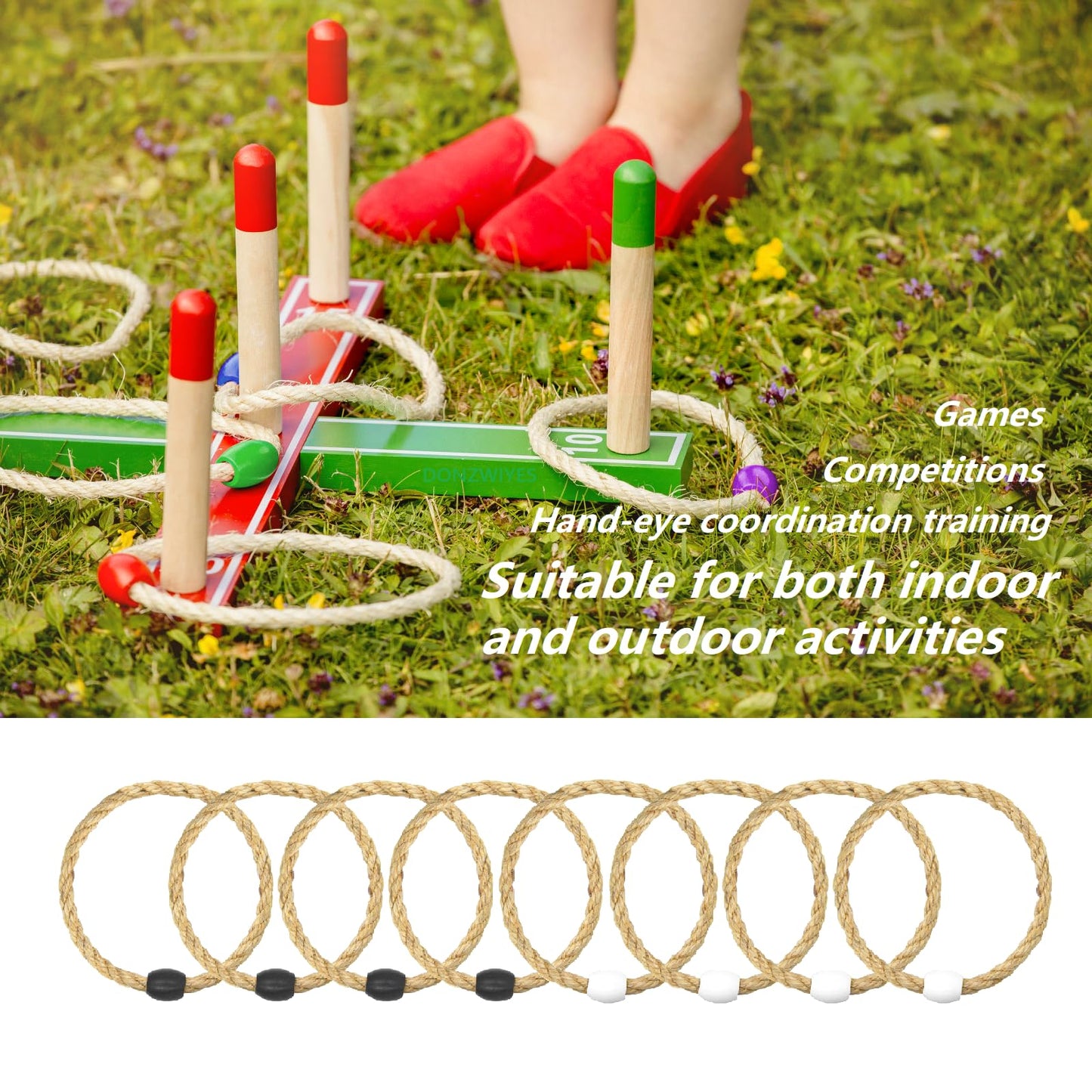 8 Pack Sisal Rope Ring Toss Game Replacement Parts for Adults and Kids, Outdoor Toss Rings for Agility Practice and Speed Game and Yard Games and Lawn Games for Party (Black and White)
