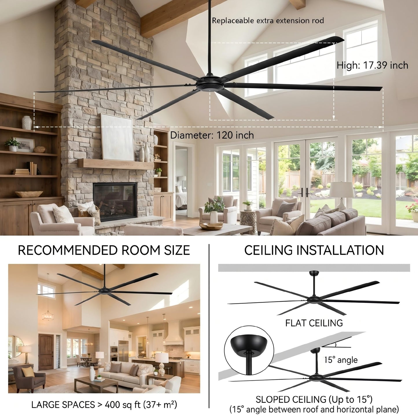120 Inch Ceiling Fans without Lights Big Industrial Black Ceiling Fan for Shop Garage Gym, 6-Speed Reversible DC Motor Outdoor Ceiling Fans for Patios, Commercial Fan with Remote, 6 Aluminum Blades