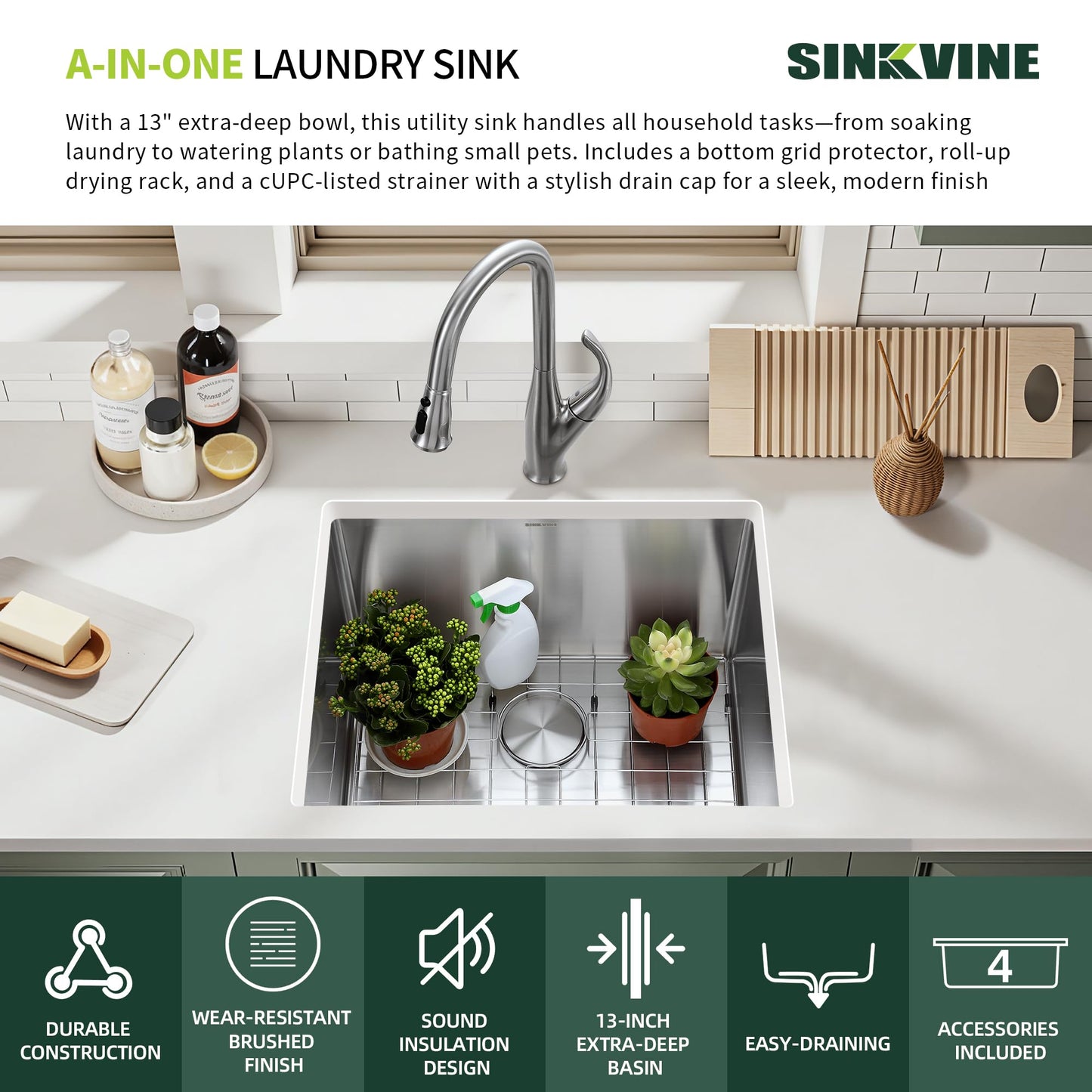 SINKVINE 23-inch Undermount Laundry Utility Sink - 23x19x13 Extra Deep Stainless Steel Single Bowl Basin with Drain Strainer, Bottom Grid & Drying Unit for Laundry Room, Outdoor, Garage, Kitchen Use