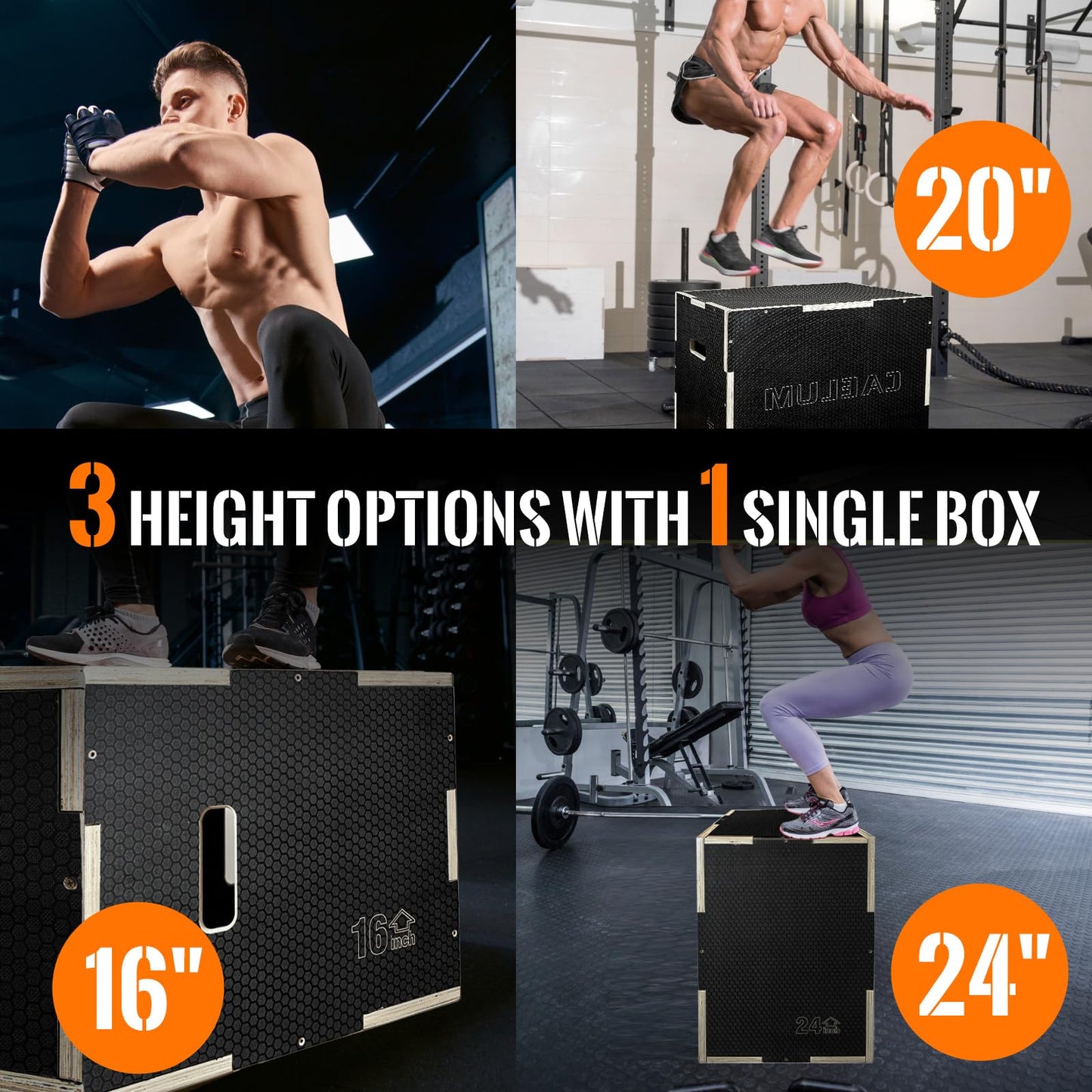 CAELUM 3-in-1 Wooden Plyo Box – 400lbs Heavy-Duty Jump Box for Home & Gym, Non-Slip Plyometric Box for Step-Ups, Squats & Strength Training