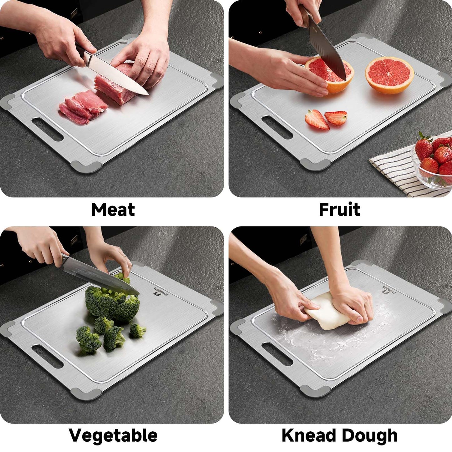 ZYBIDEAL 100% Pure Titanium Cutting Board with Grooves, Update Double Side Titanium Chopping Board, Silicone Anti-slip Stainless Cutting Boards for Kitchen 11 * 15 IN, Grey