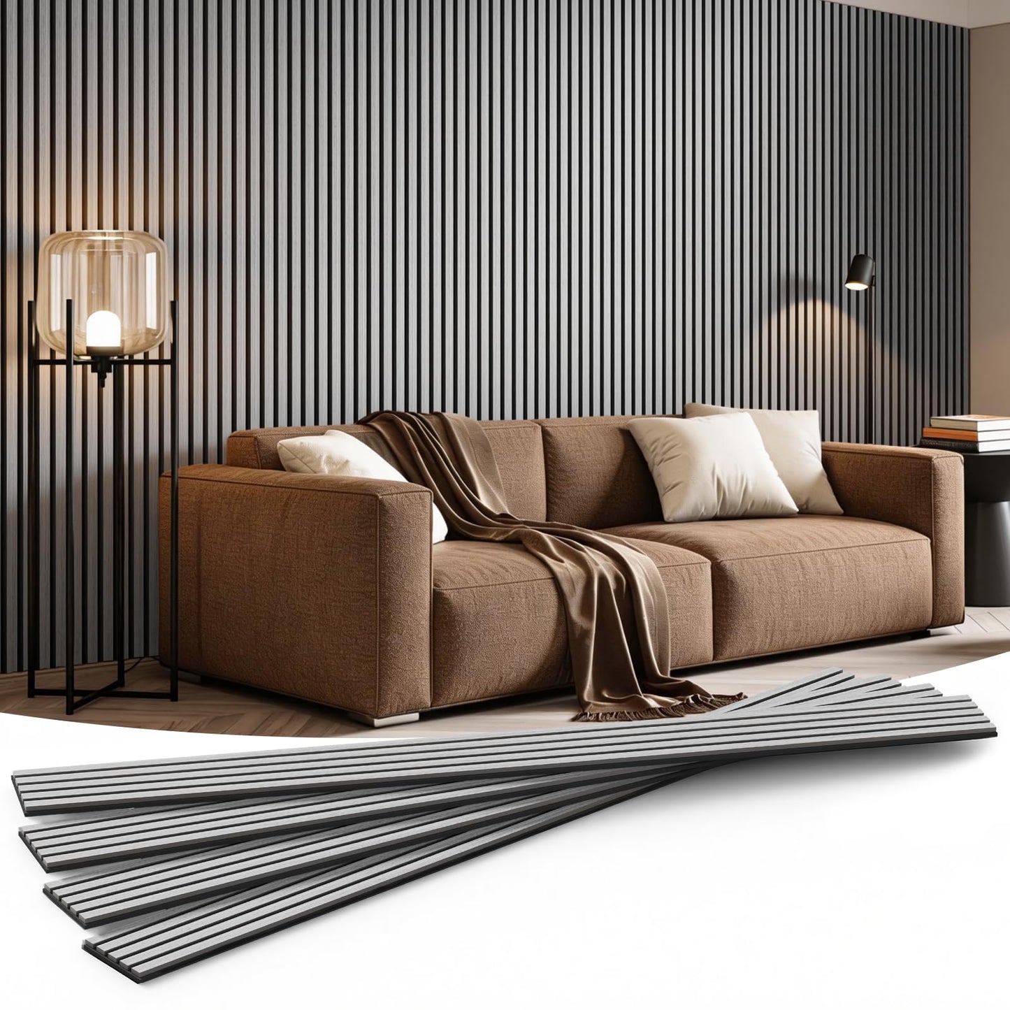 INMOZATA Wood Panels for Wall, 4 Pack 94.5" x 7.9" 3D Fluted Acoustic Accent Wall Panel for Interior Wall Decor, Living Room, Bedroom, Office (Gray)