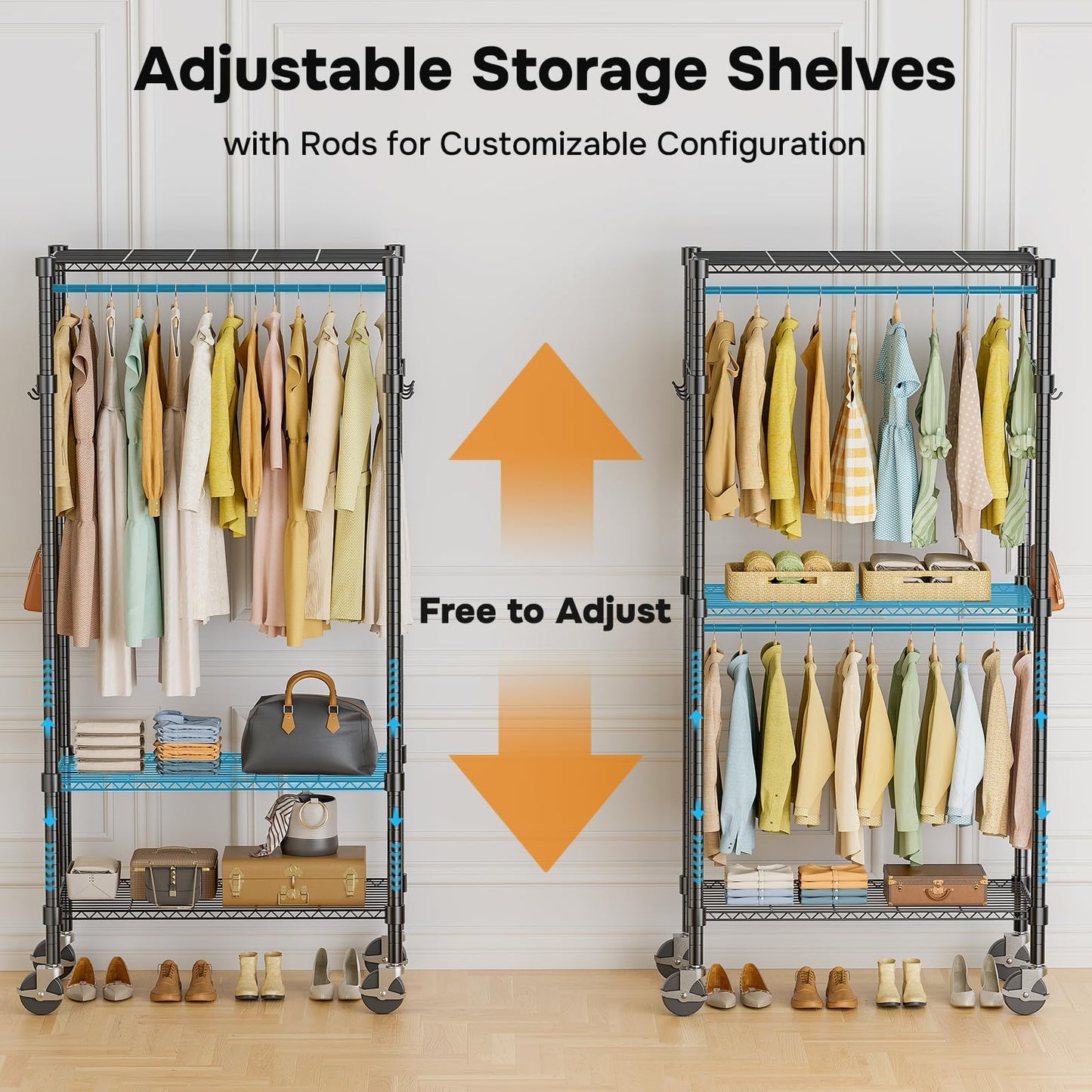 Simple Deluxe Rolling Clothes Rack, Heavy Duty Clothing Rack, 3-Shelf Portable Adjustable Wardrobe Closet with Wheels, Hanging Rods & Side Hooks, 29.5" W x 15.7" D x 75.6" H, Black