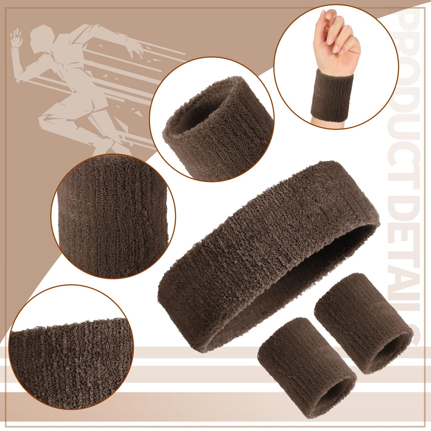 Civaner 12 Pcs 80 90s Neon Sweatbands Soccer Baseball Headbands Wristband Set for Men Women Party Cotton Headbands Terry Cloth Athletic Sweat Bands for Tennis Football Gym Outdoor(Camel)