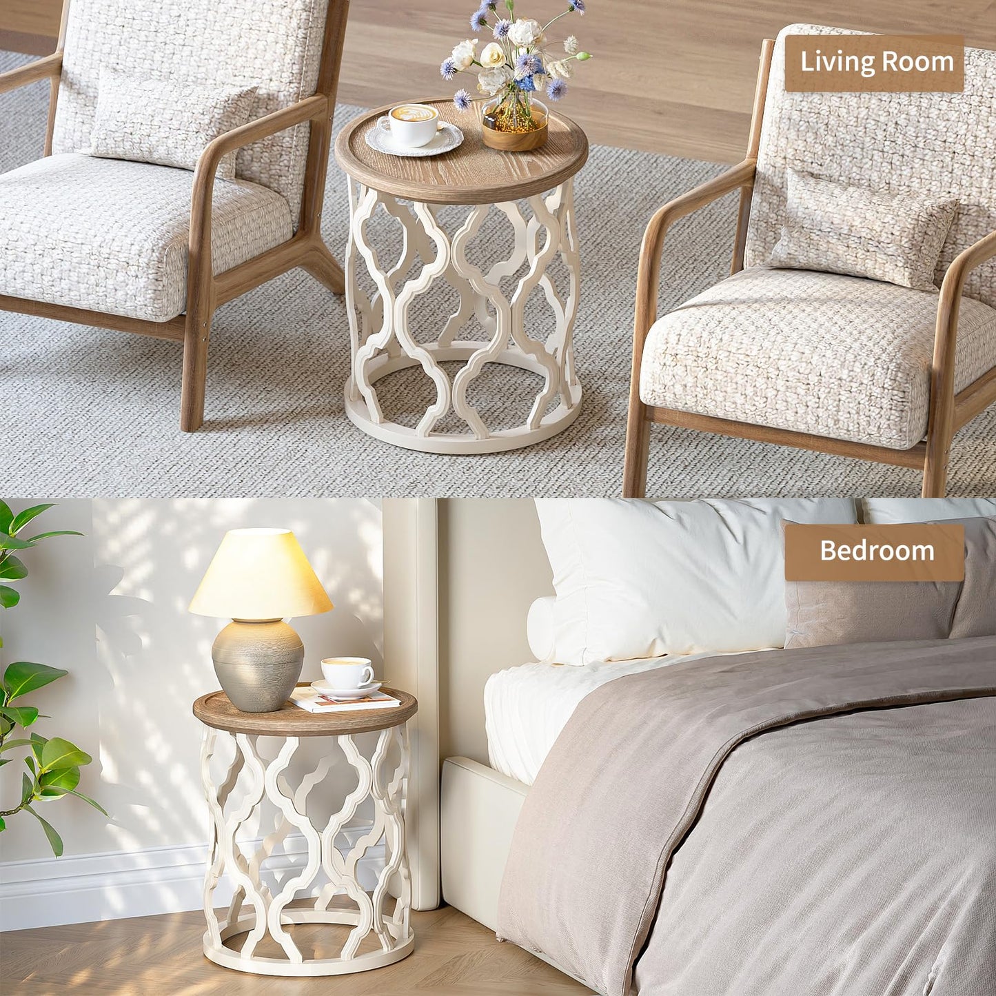 karlott Farmhouse End Table, 18.5'' French Country Round Side Table, Distressed Tray Top Side Table with Curved Motif Frame Base for Boho, End Tables Living Room, Bedroom, Small Space, Cream Beige